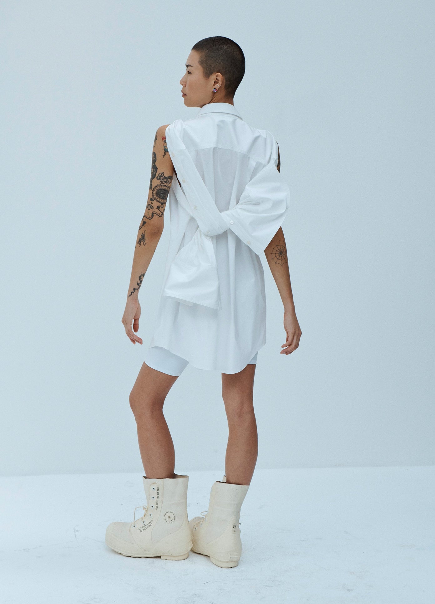 MONSE Tied Back Sleeve Shirt Dress Sleeves Tied in White on Model Back View