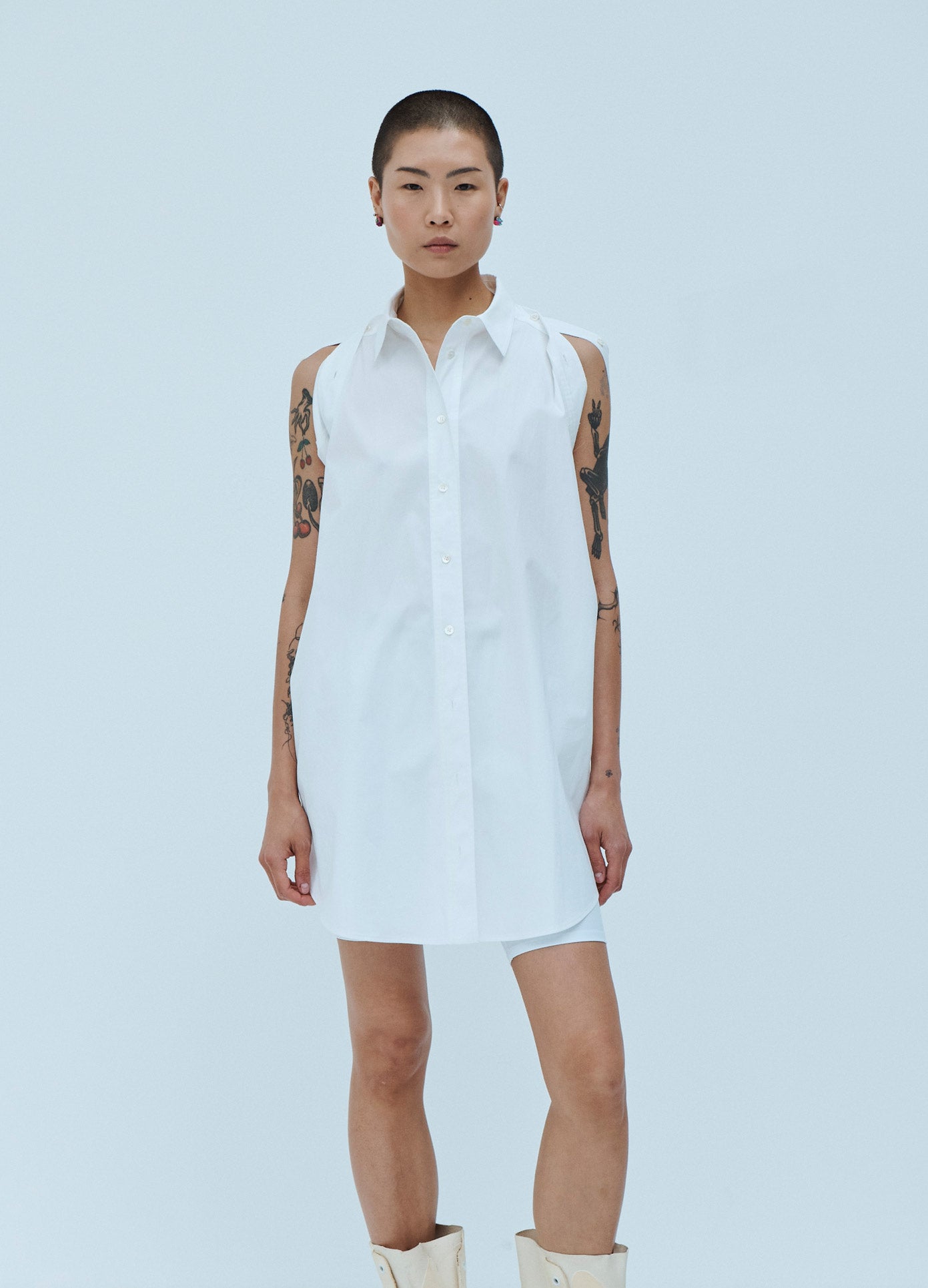 MONSE Tied Back Sleeve Shirt Dress Sleeves Tied in White on Model Front View