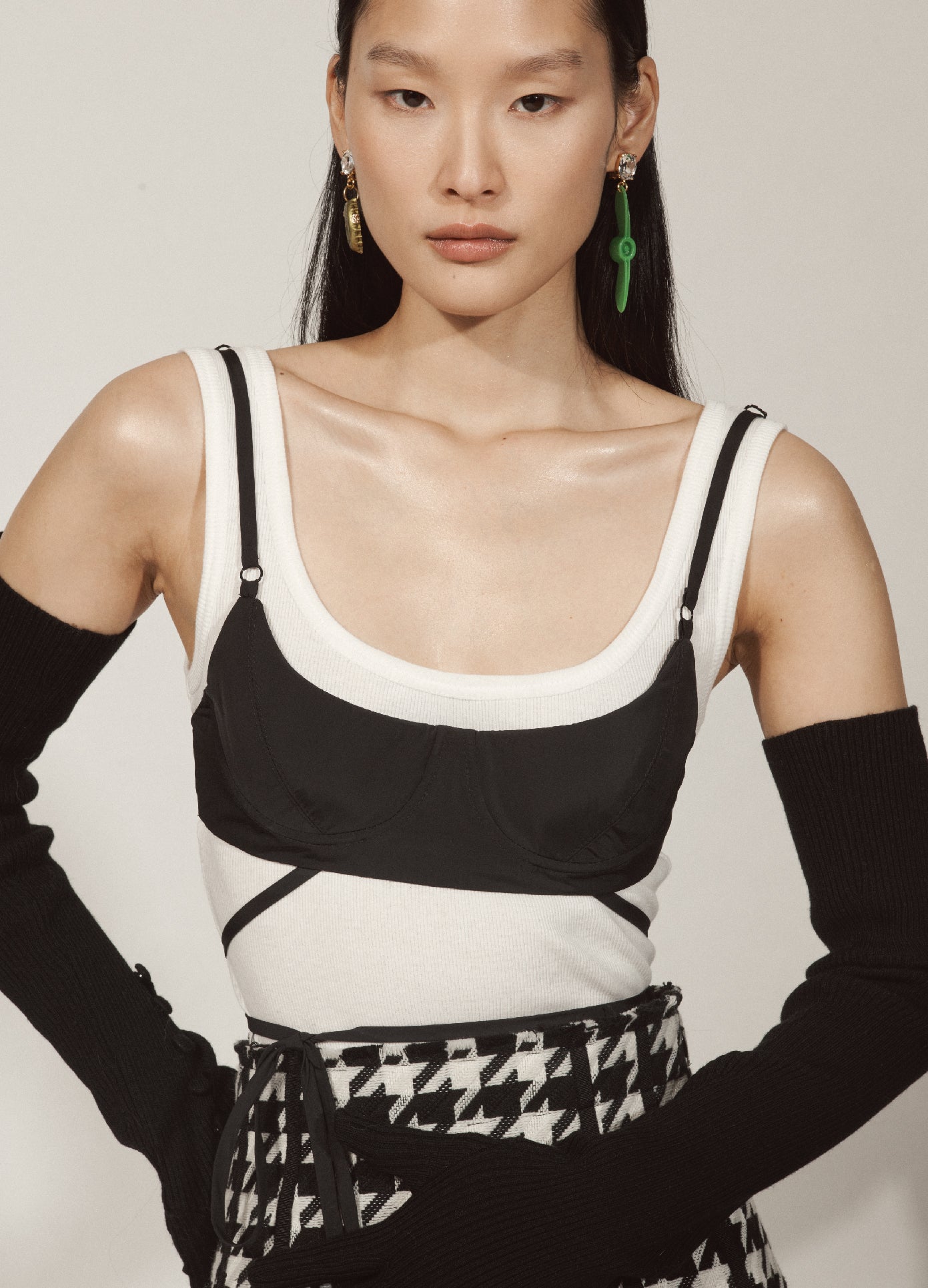 MONSE Tied Bra Tank Top in Ivory and Black on Model Lookbook Front Detail View