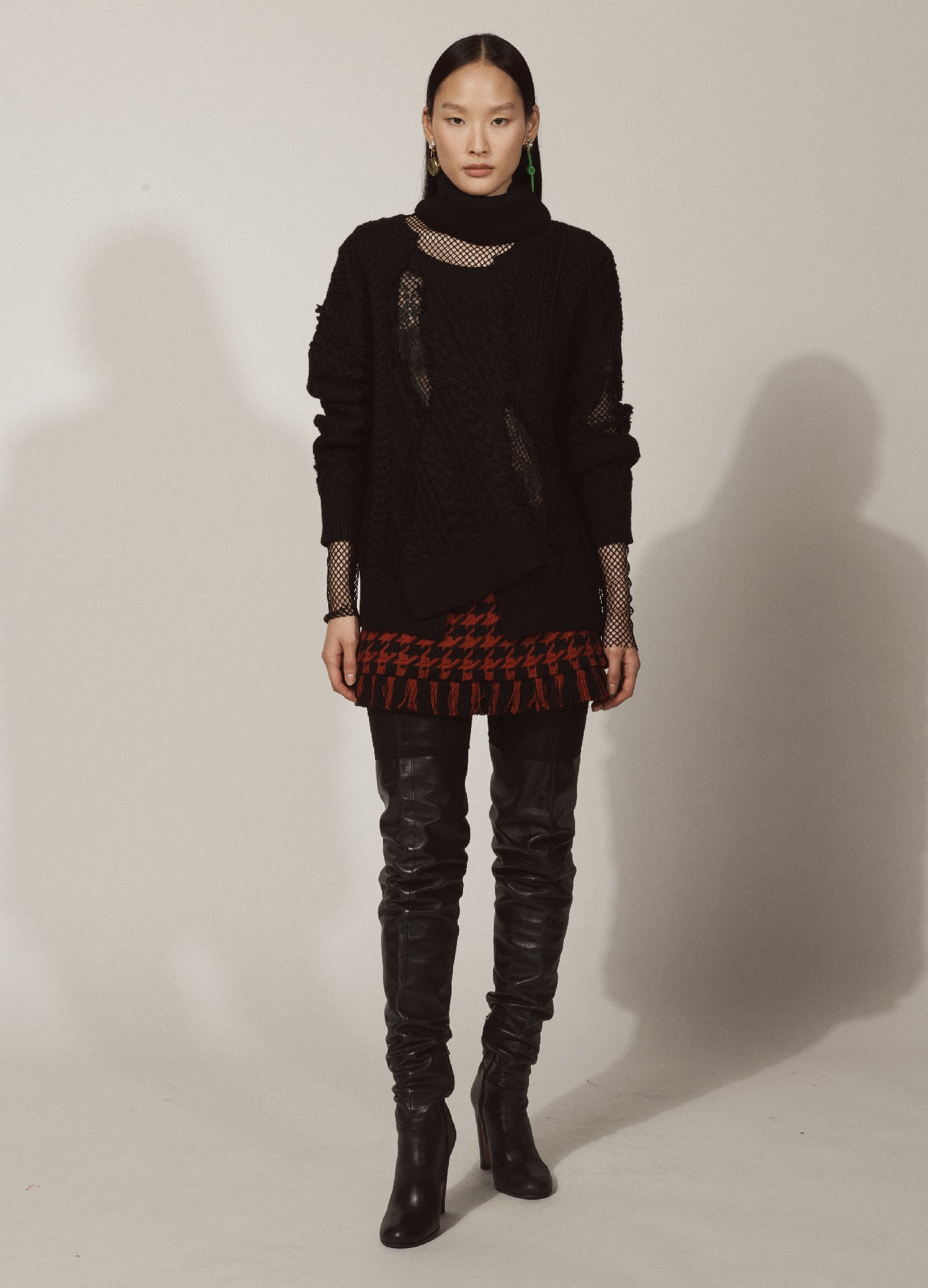 MONSE Torn Lace Knit Sweater in Black on Asian Model Lookbook Full Front View