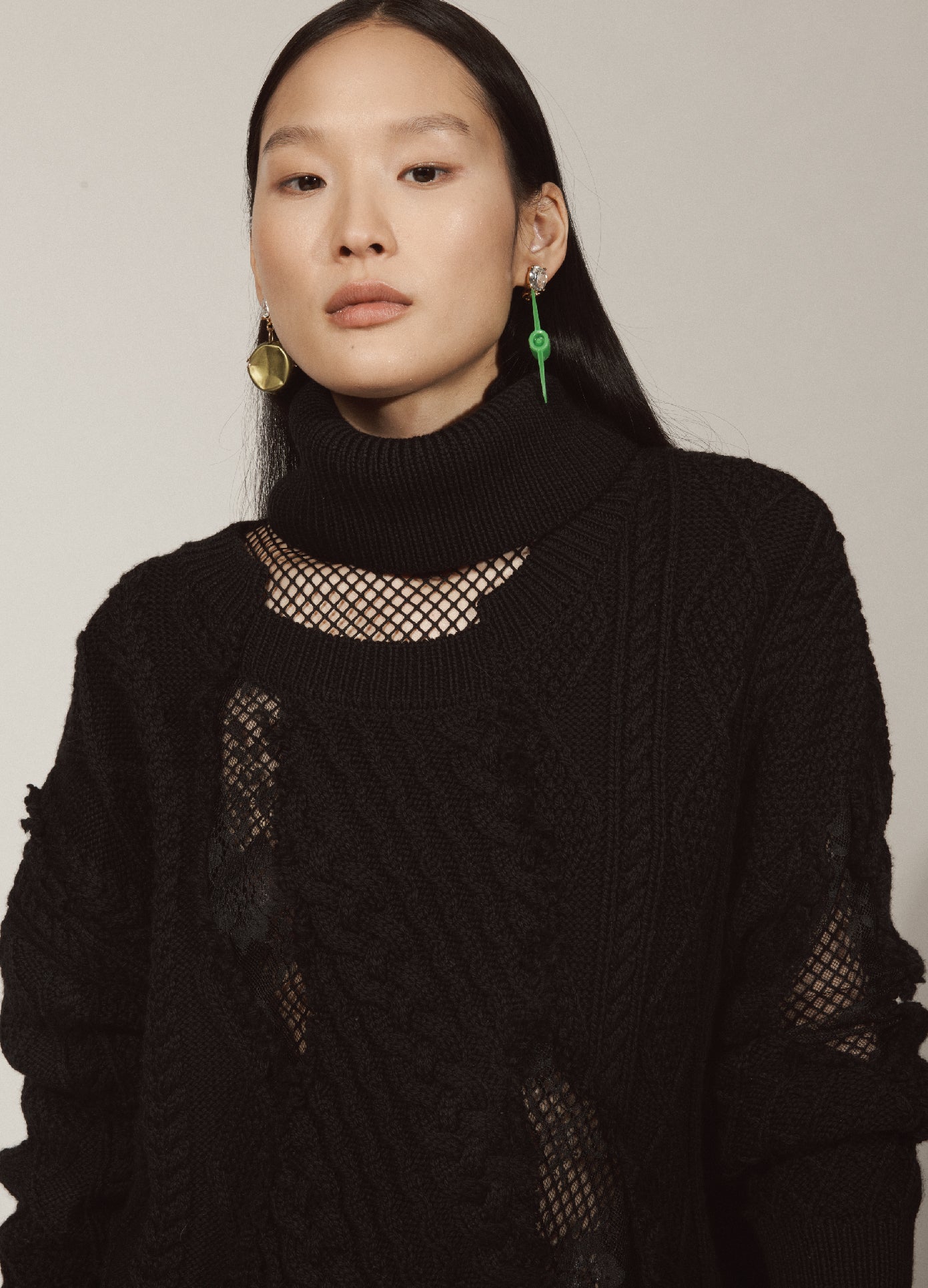 MONSE Torn Lace Knit Sweater in Black on Asian Model Lookbook Front Detail View