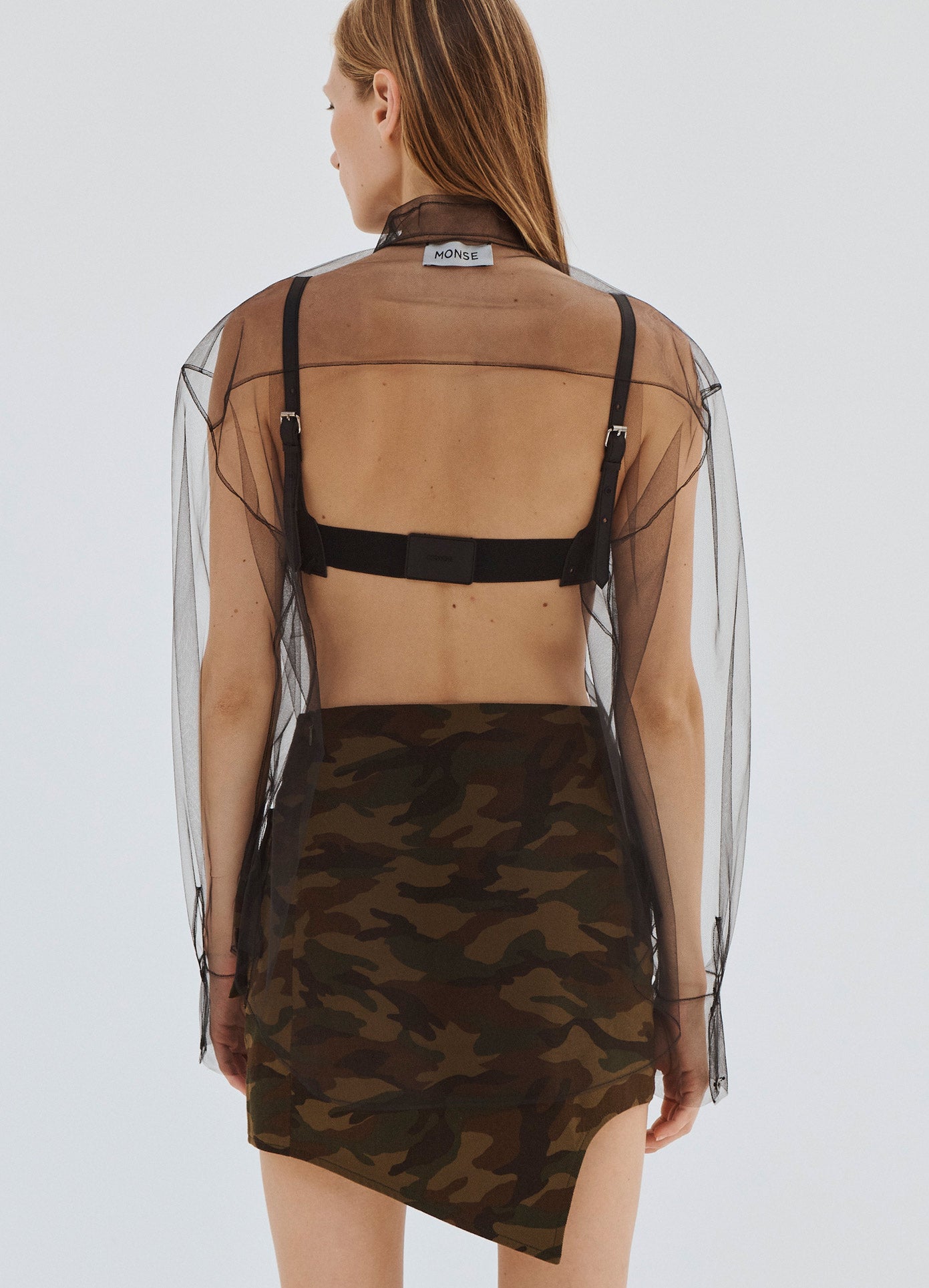 MONSE Tulle Button Down Shirt in Black on Model Back View
