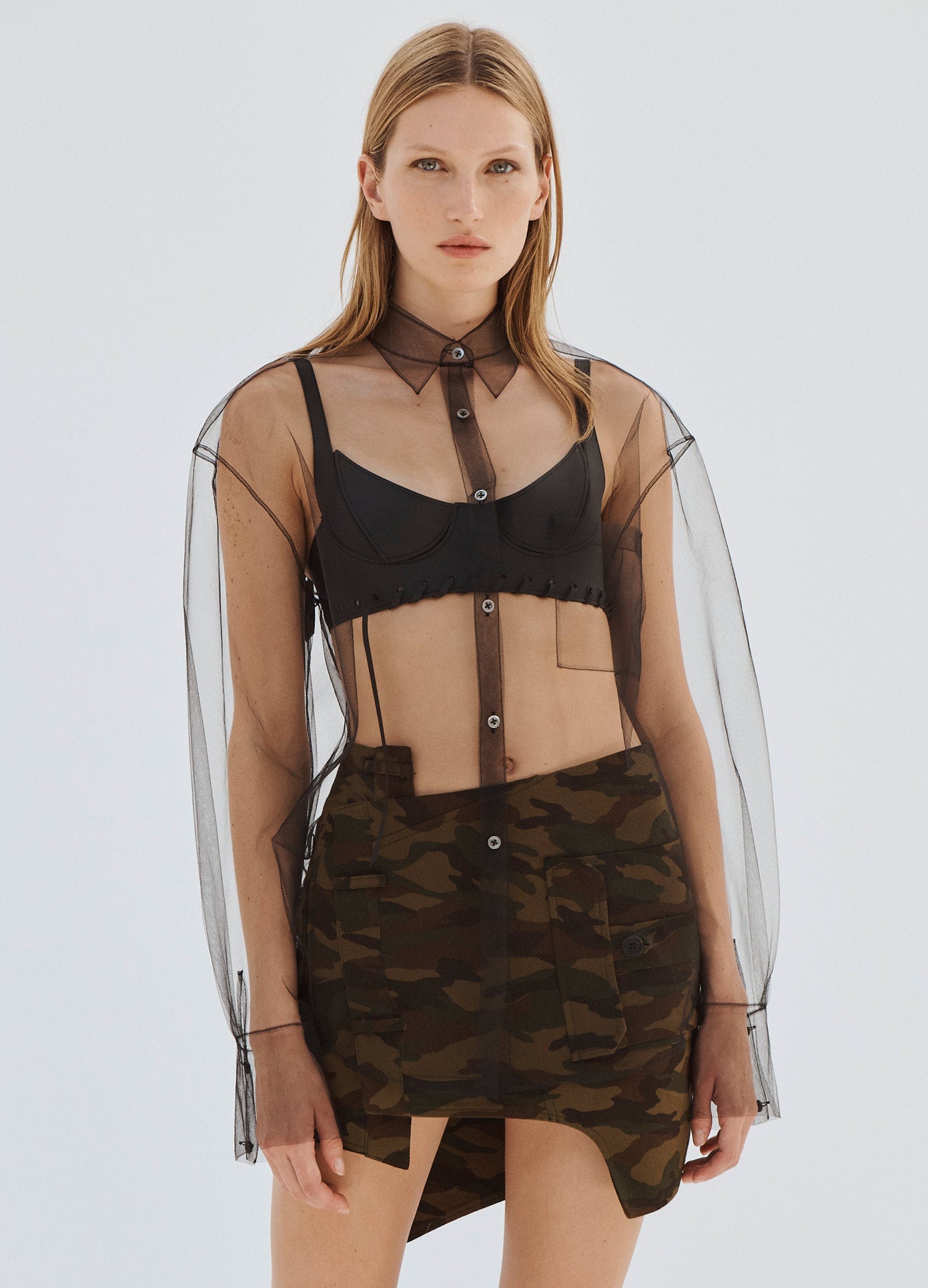 MONSE Tulle Button Down Shirt in Black on Model Front Detail View