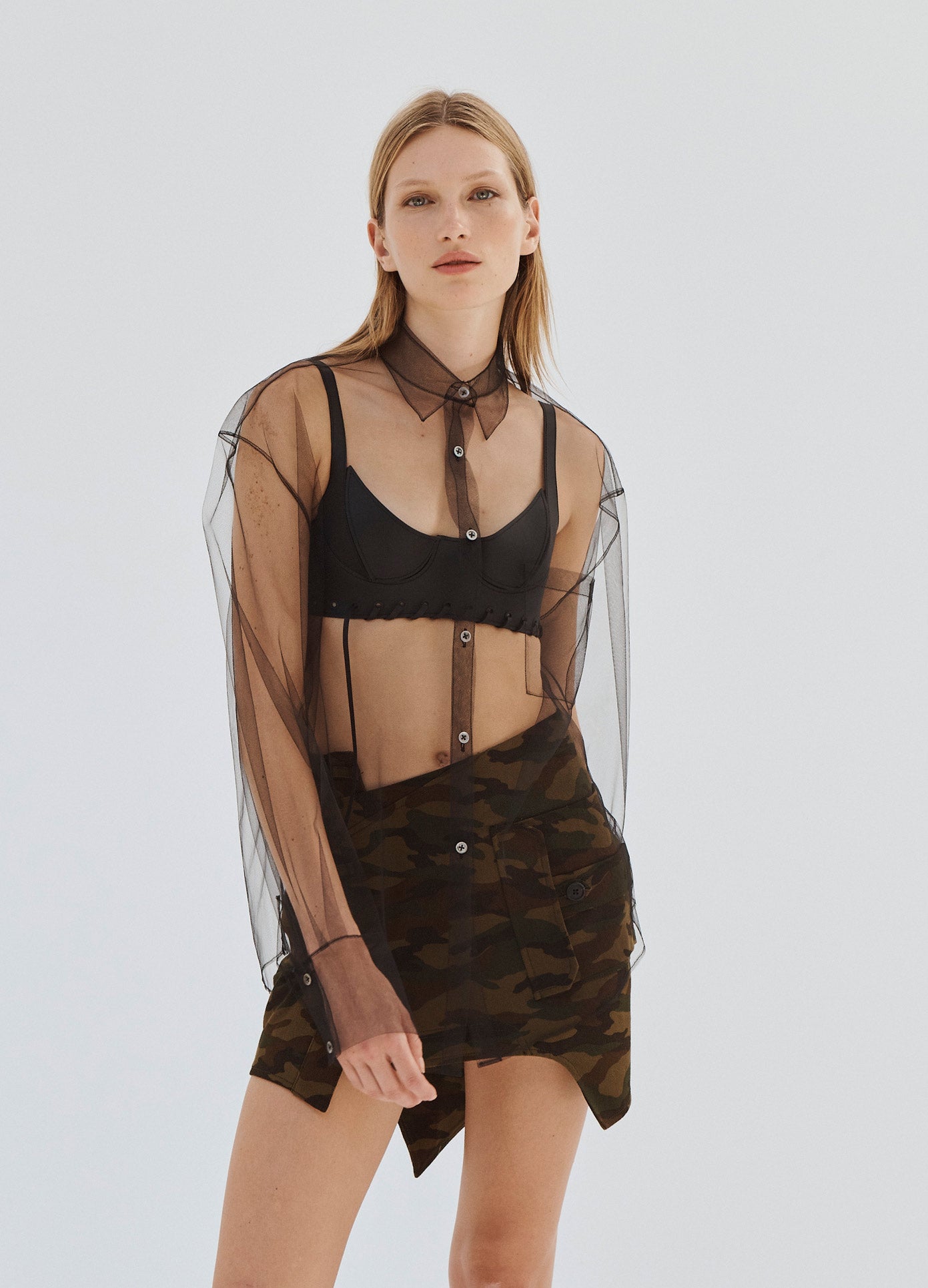 MONSE Tulle Button Down Shirt in Black on Model Front View