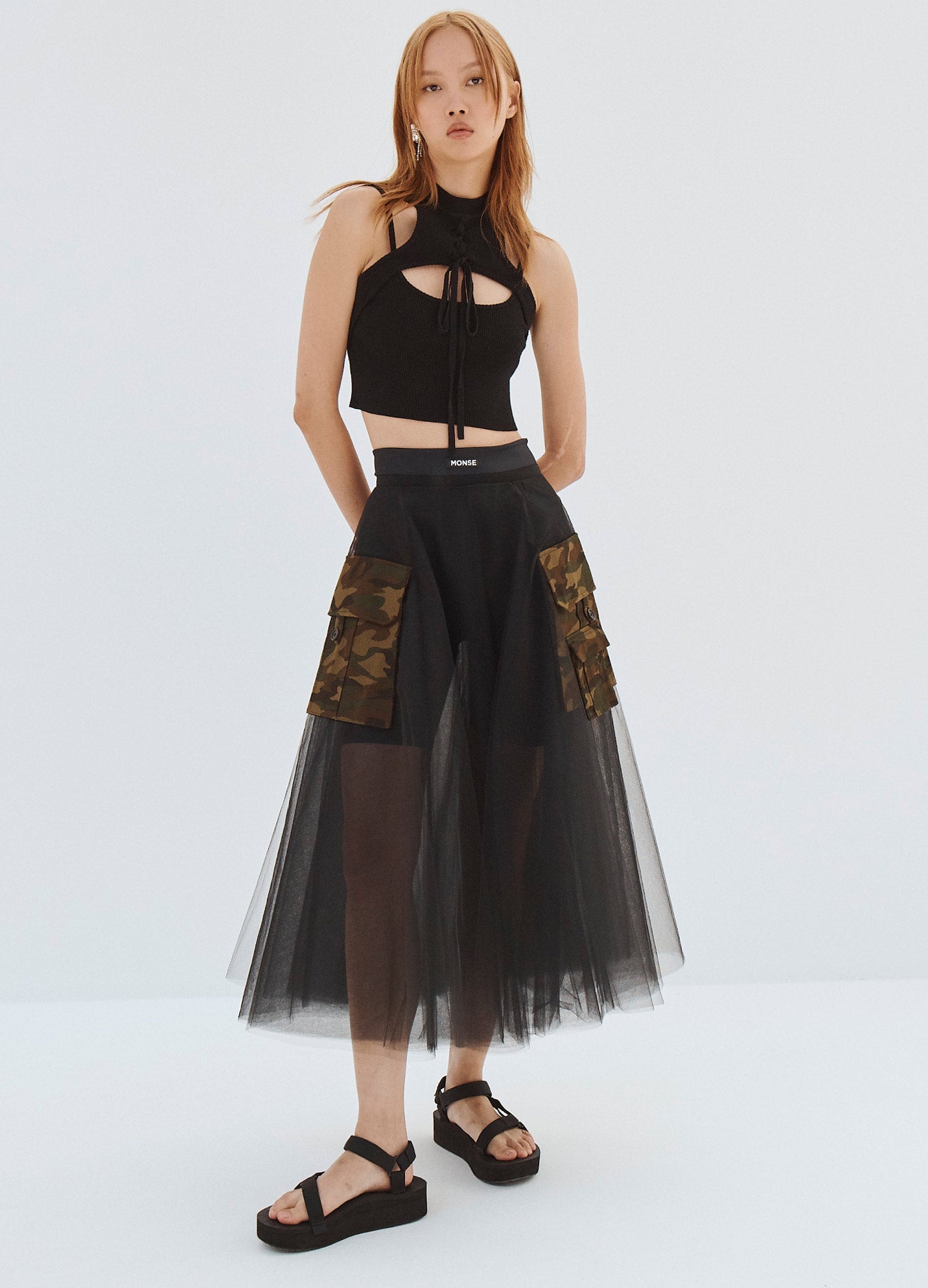 MONSE Tulle Circle Skirt with Cargo Pockets in Black and Camo on Model Full Front Alternate View