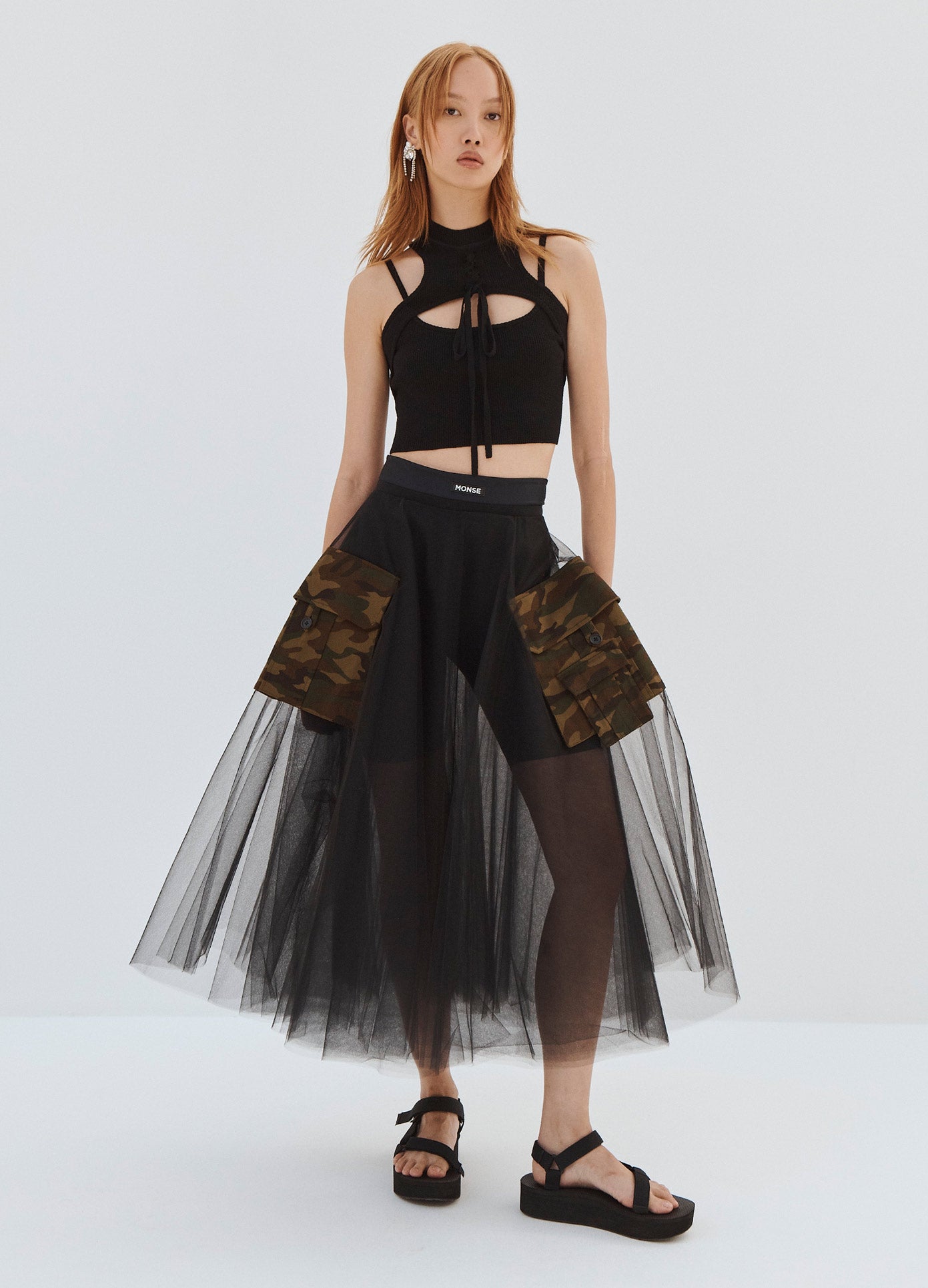MONSE Tulle Circle Skirt with Cargo Pockets in Black and Camo on Model Full Front View