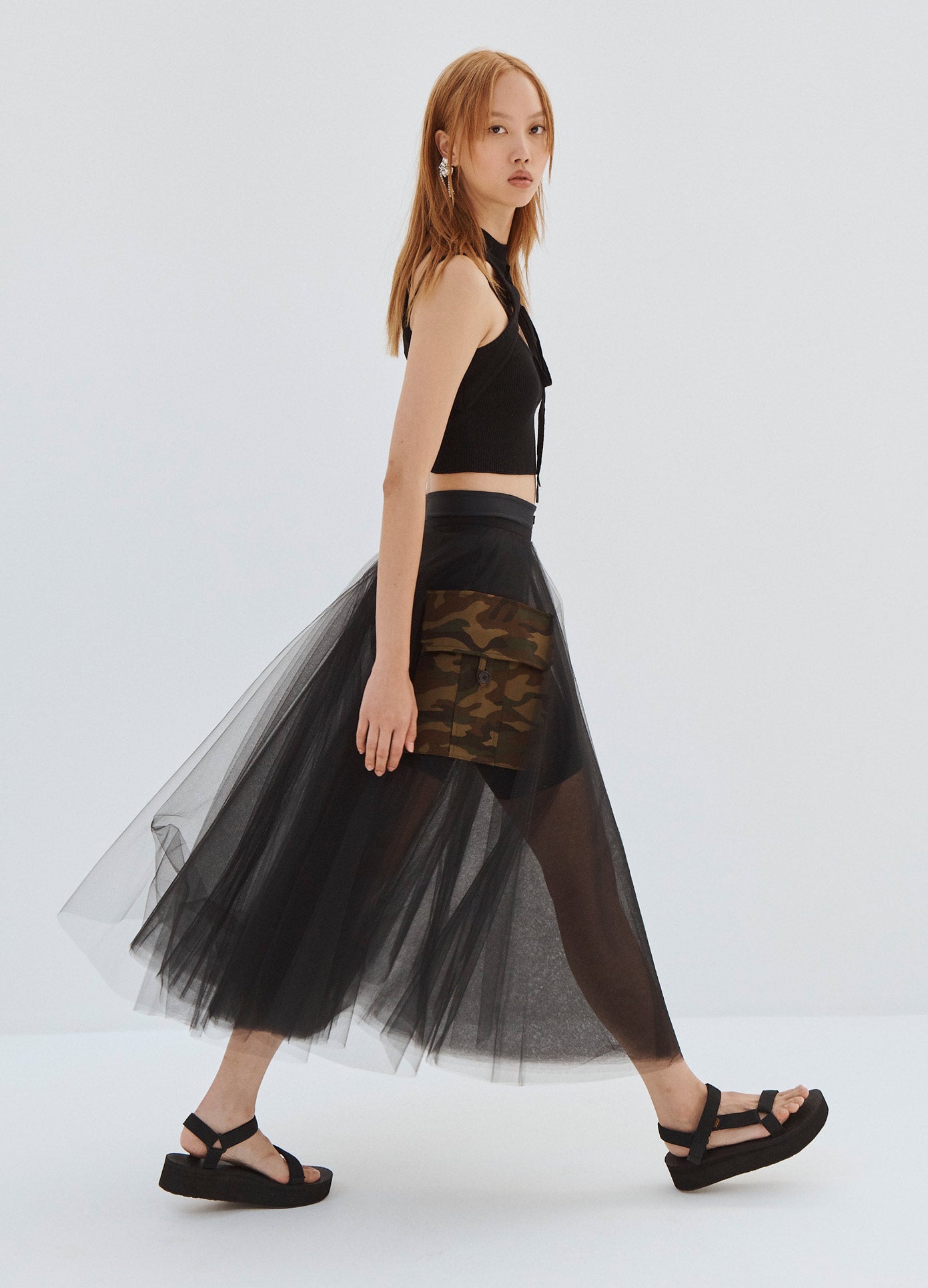 MONSE Tulle Circle Skirt with Cargo Pockets in Black and Camo on Model Walking Side View