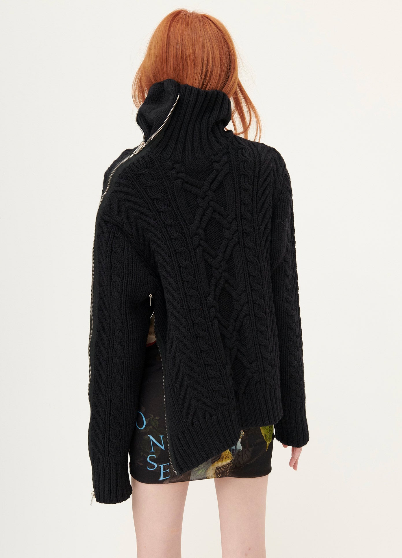 MONSE Turtleneck Zipper Detail Cable Sweater in Black on Model Back View