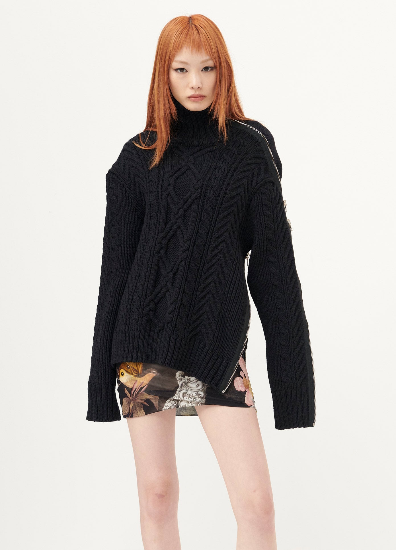 MONSE Turtleneck Zipper Detail Cable Sweater in Black on Model Front View