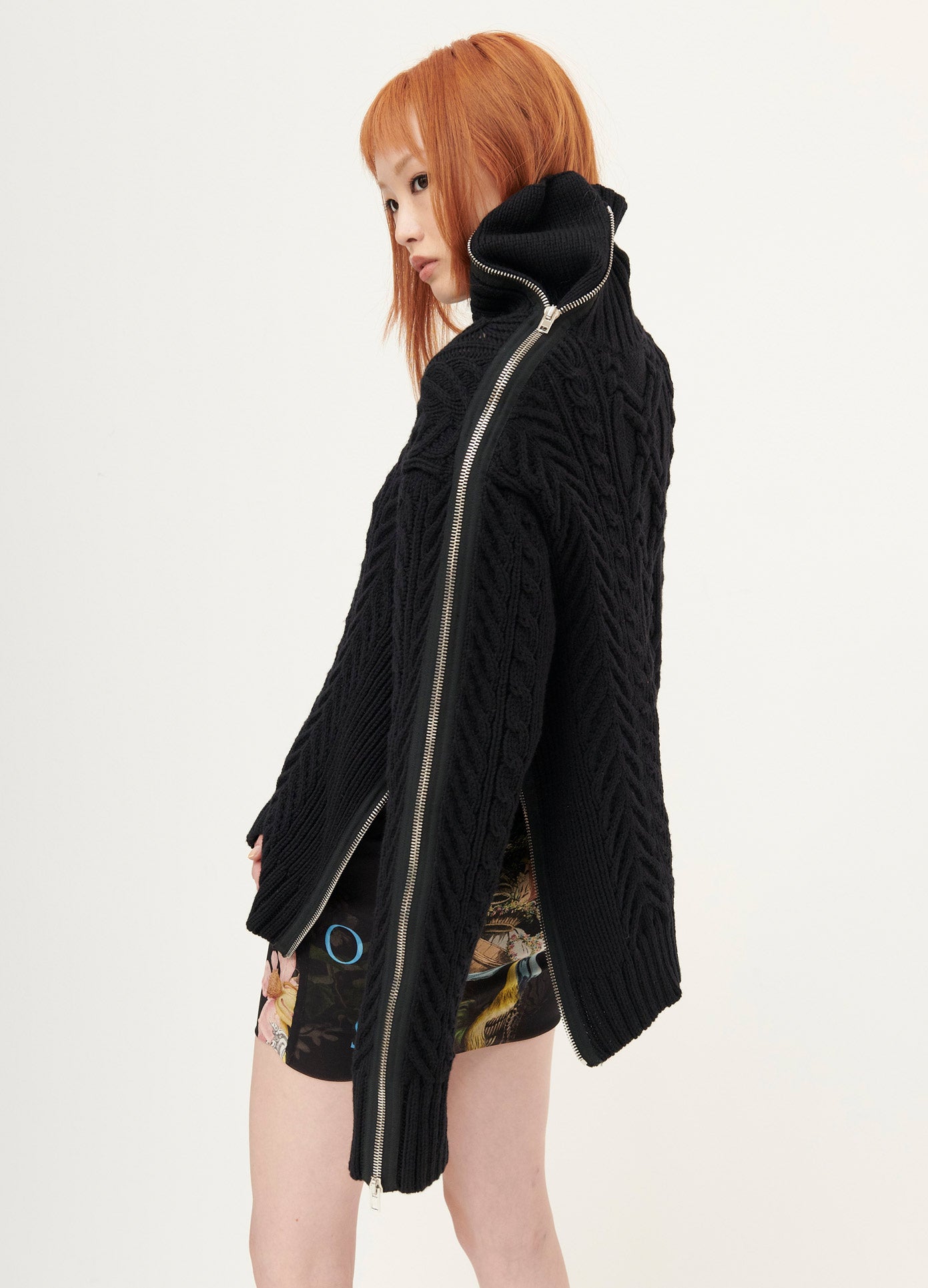 MONSE Turtleneck Zipper Detail Cable Sweater in Black on Model Looking Left Back View