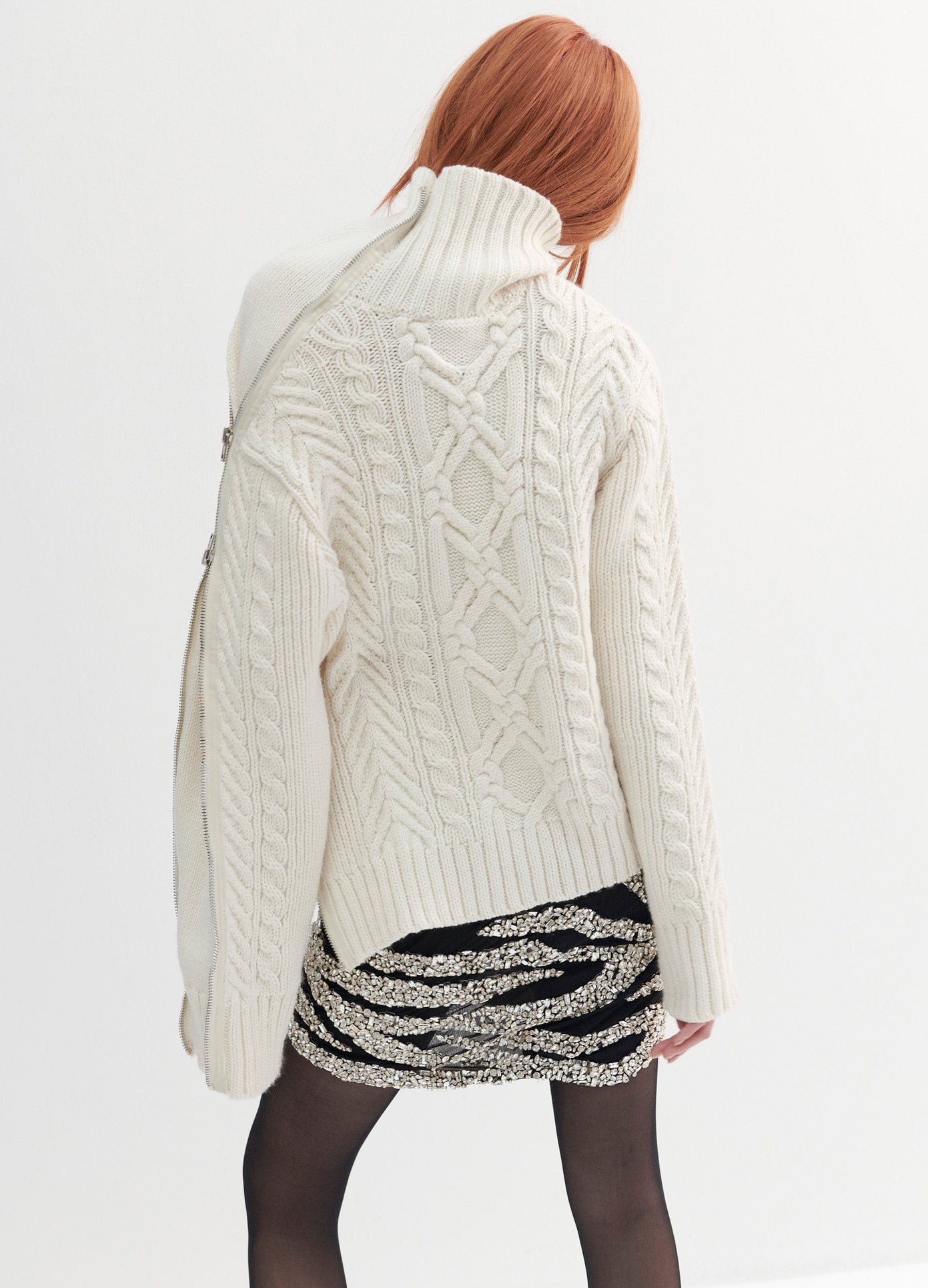 MONSE Turtleneck Zipper Detail Cable Sweater in Ivory on Model Back View