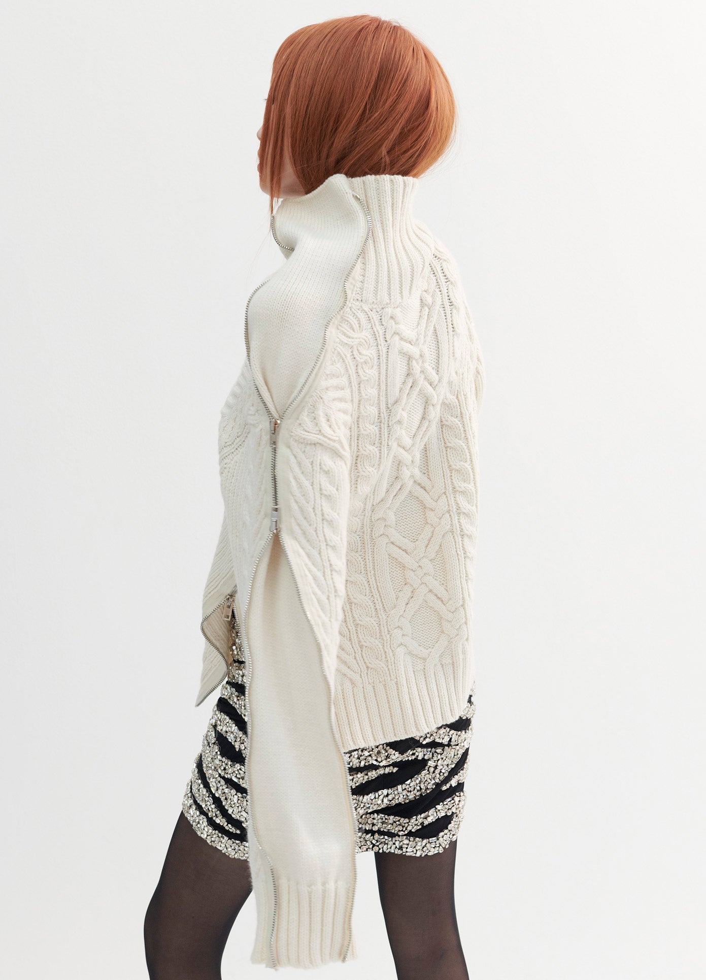 MONSE Turtleneck Zipper Detail Cable Sweater in Ivory on Model Side View
