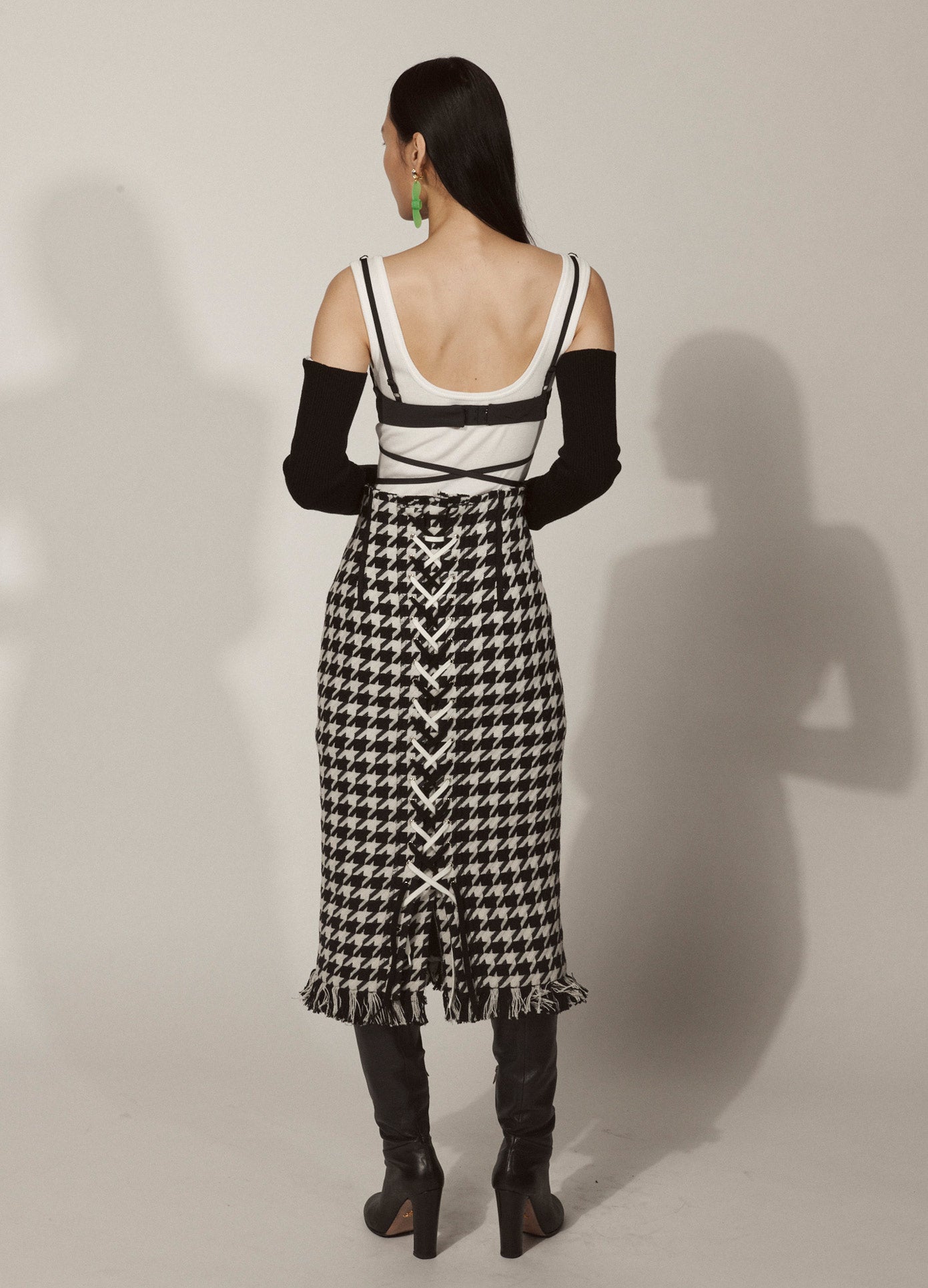 MONSE Tweed Lace Up Skirt in Black and Ivory on Model Lookbook Full Back View