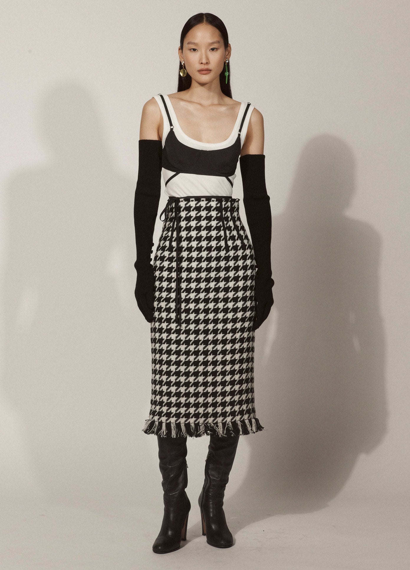 MONSE Tweed Lace Up Skirt in Black and Ivory on Model Lookbook Full Front View