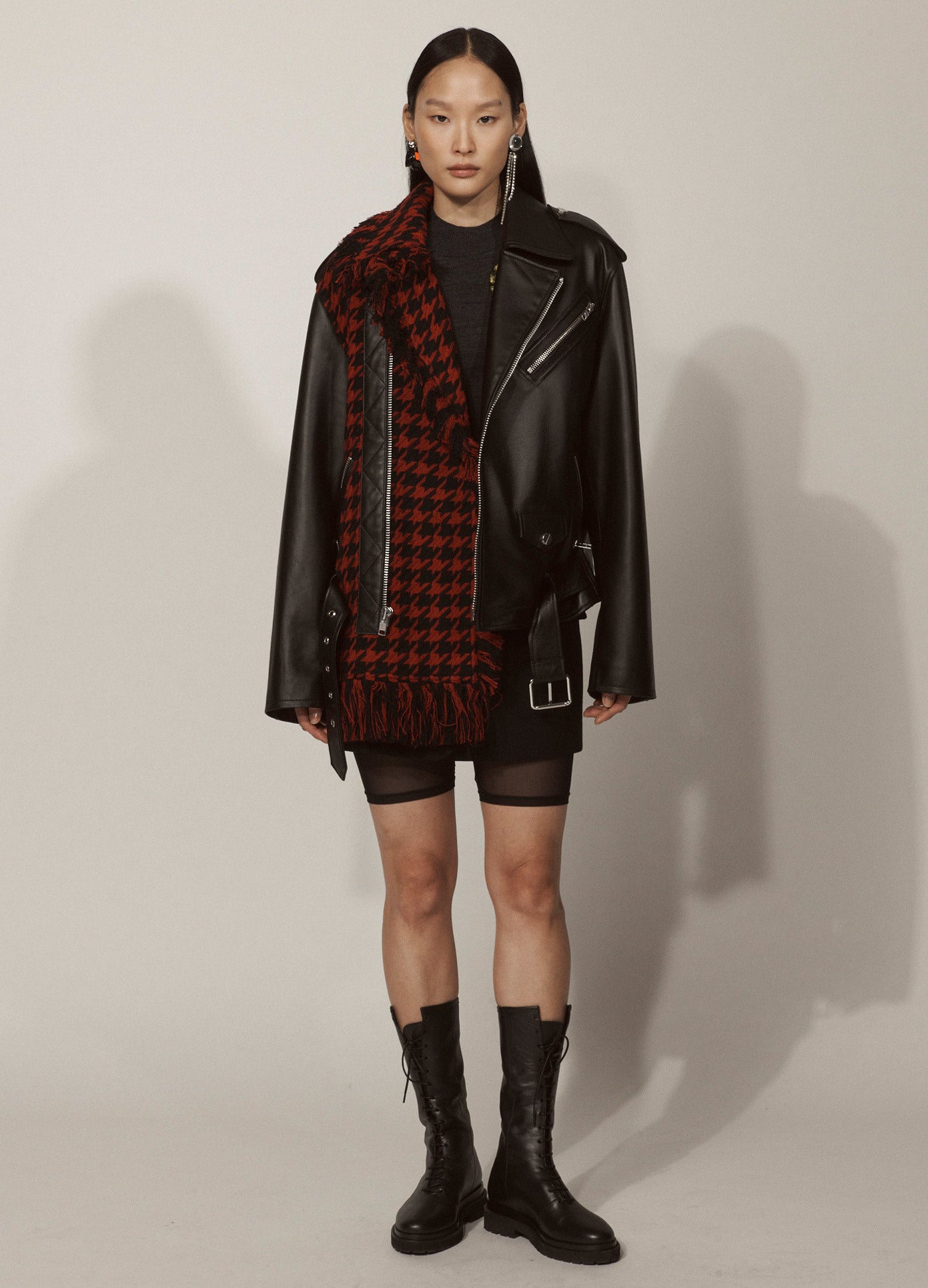 MONSE Tweed Leather Jacket in Black and Red on Model Lookbook Full Front View