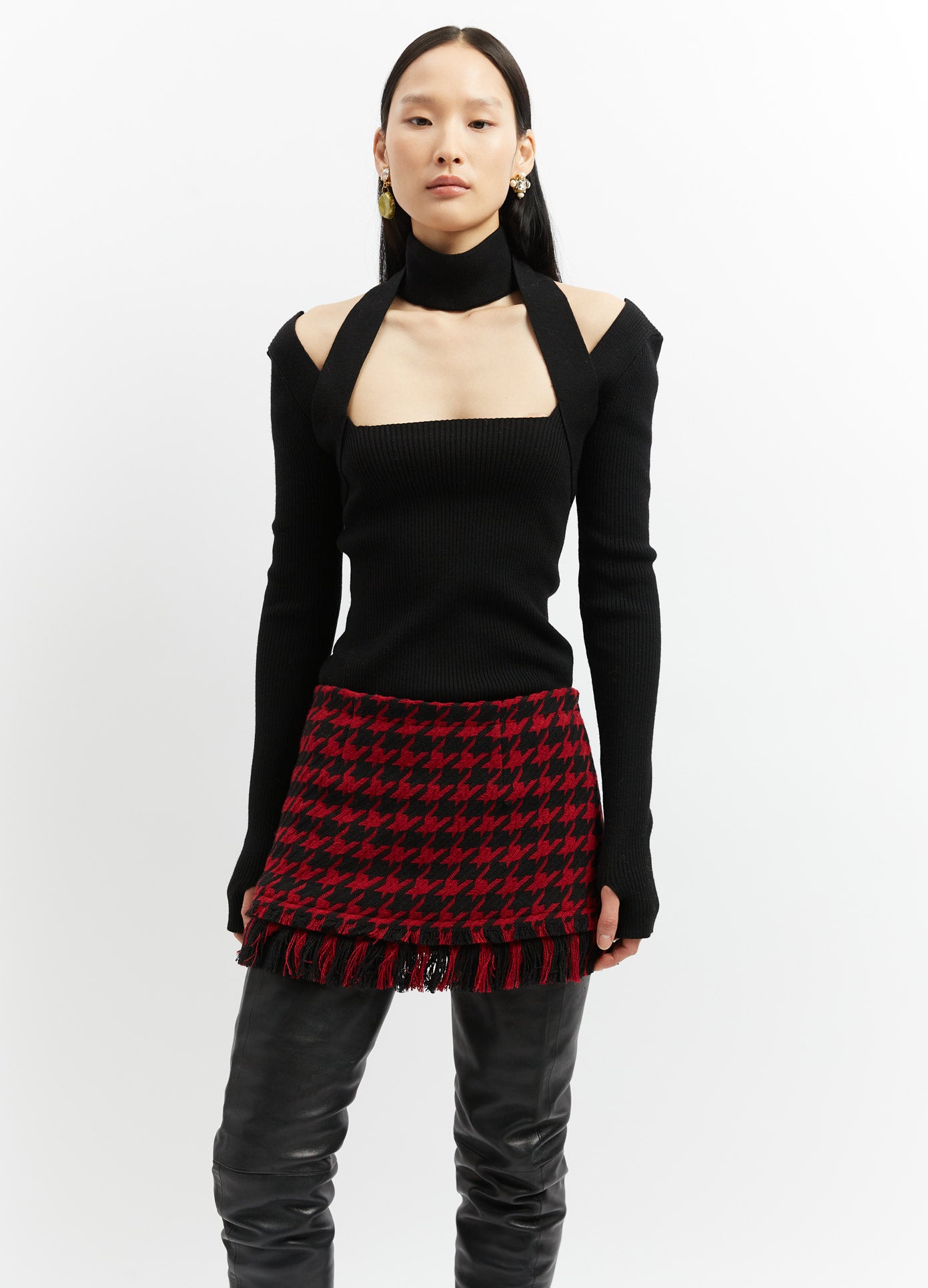 MONSE Tweed Skort in Black and Red on Model Front View