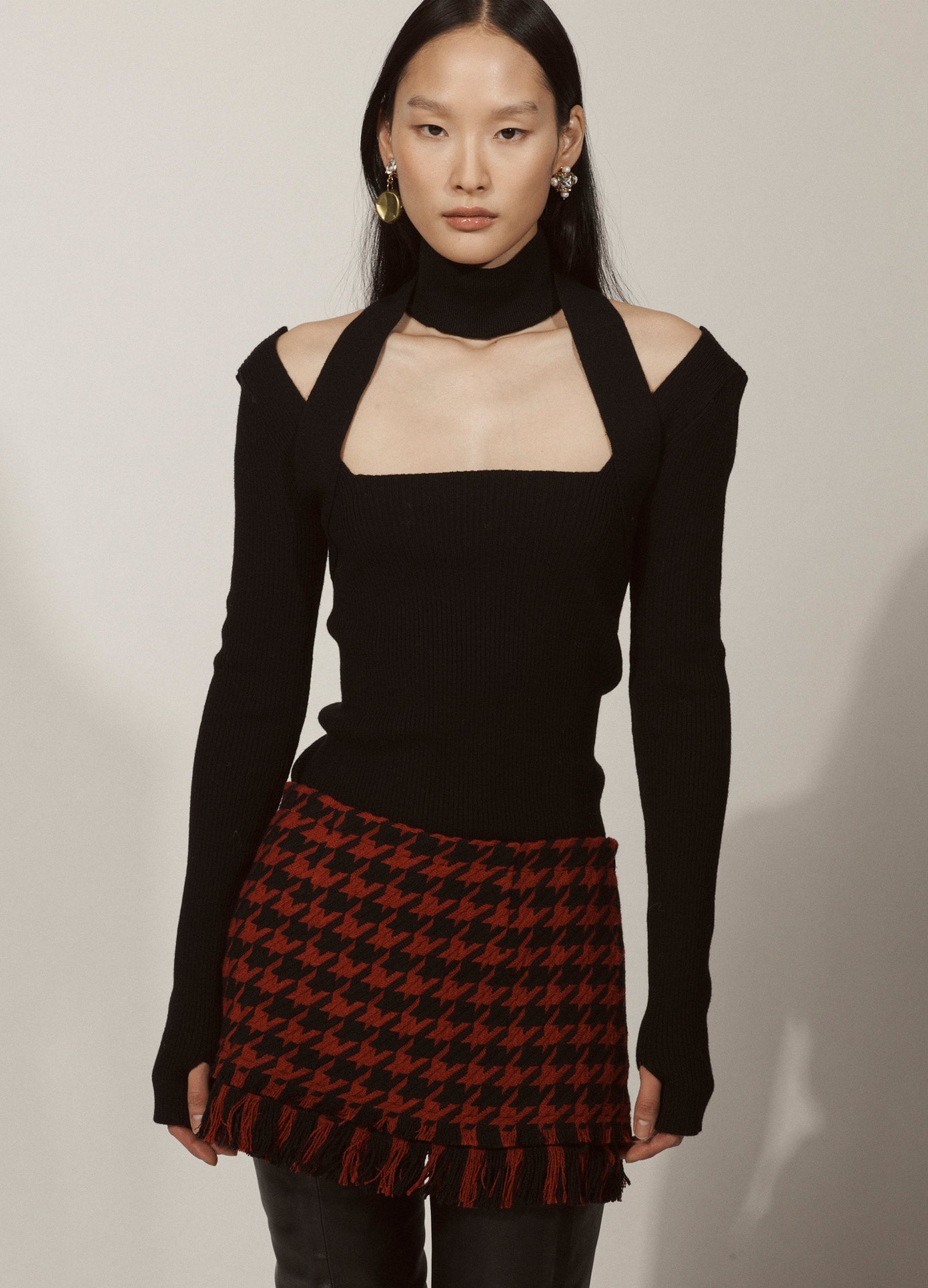 MONSE Tweed Skort in Black and Red on Model Lookbook Front View