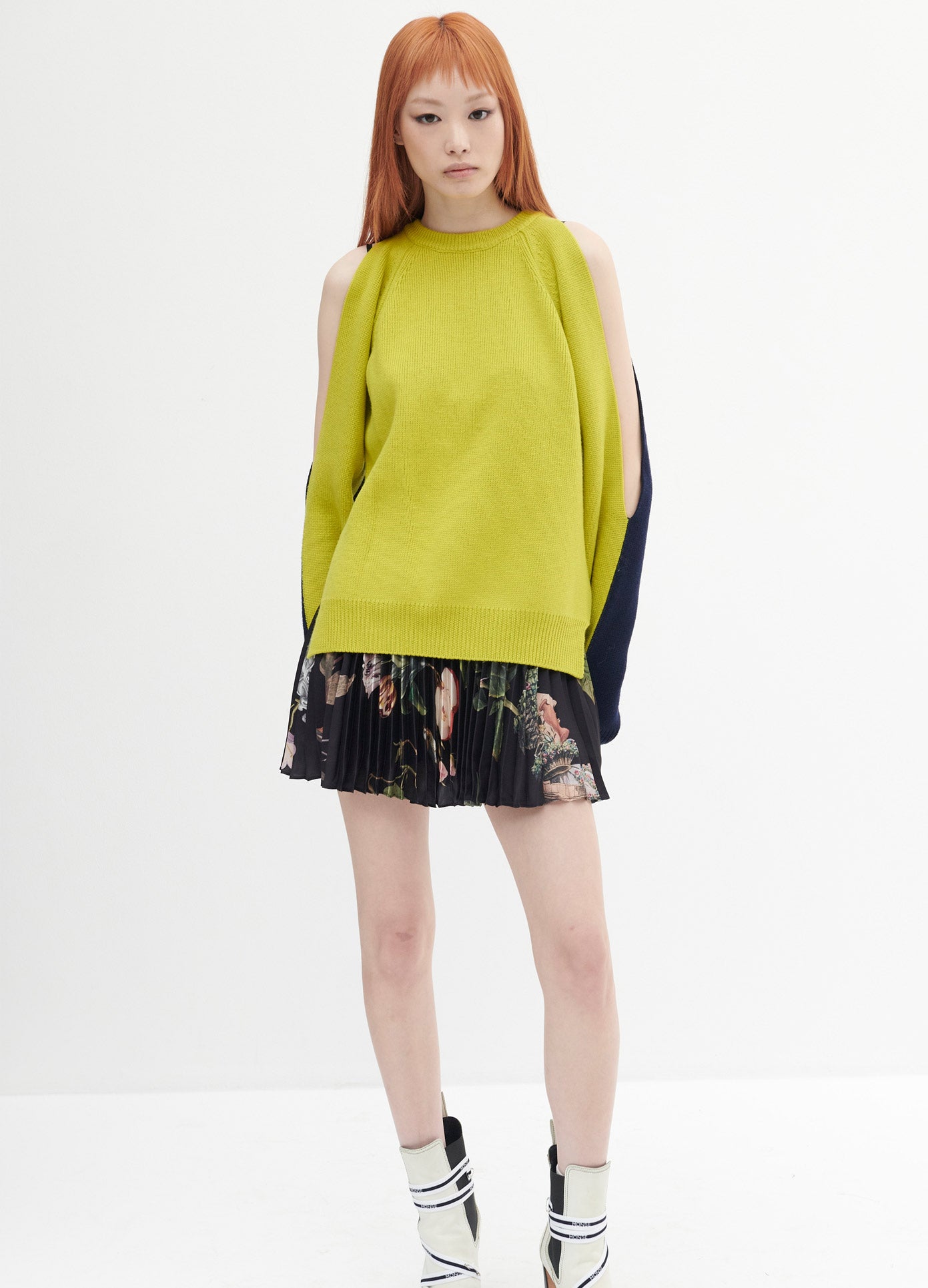 MONSE Two Tone Sleeve Slit Sweater in Lime and Navy on Model Full Front View