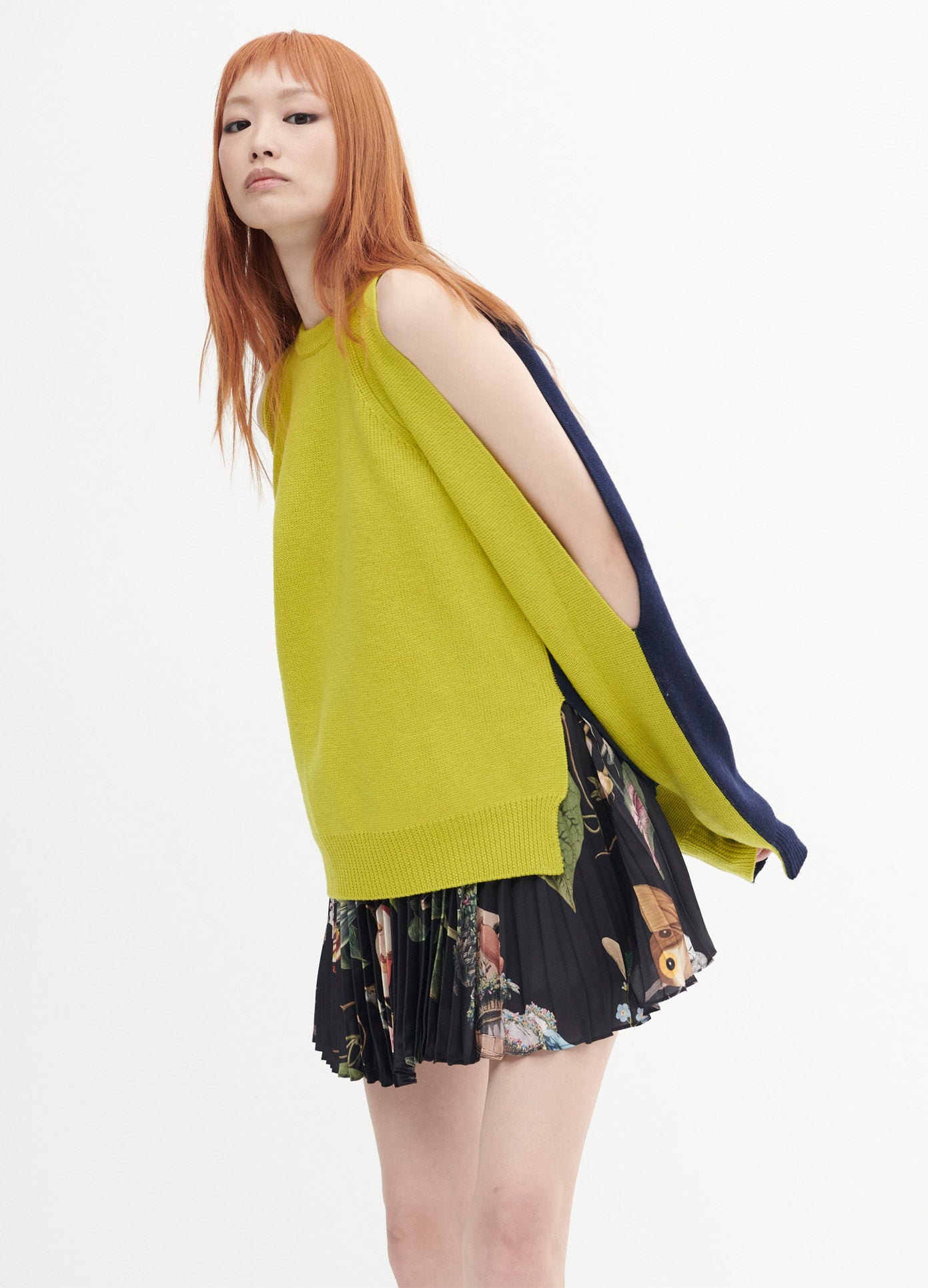 MONSE Two Tone Sleeve Slit Sweater in Lime and Navy on Model Side View