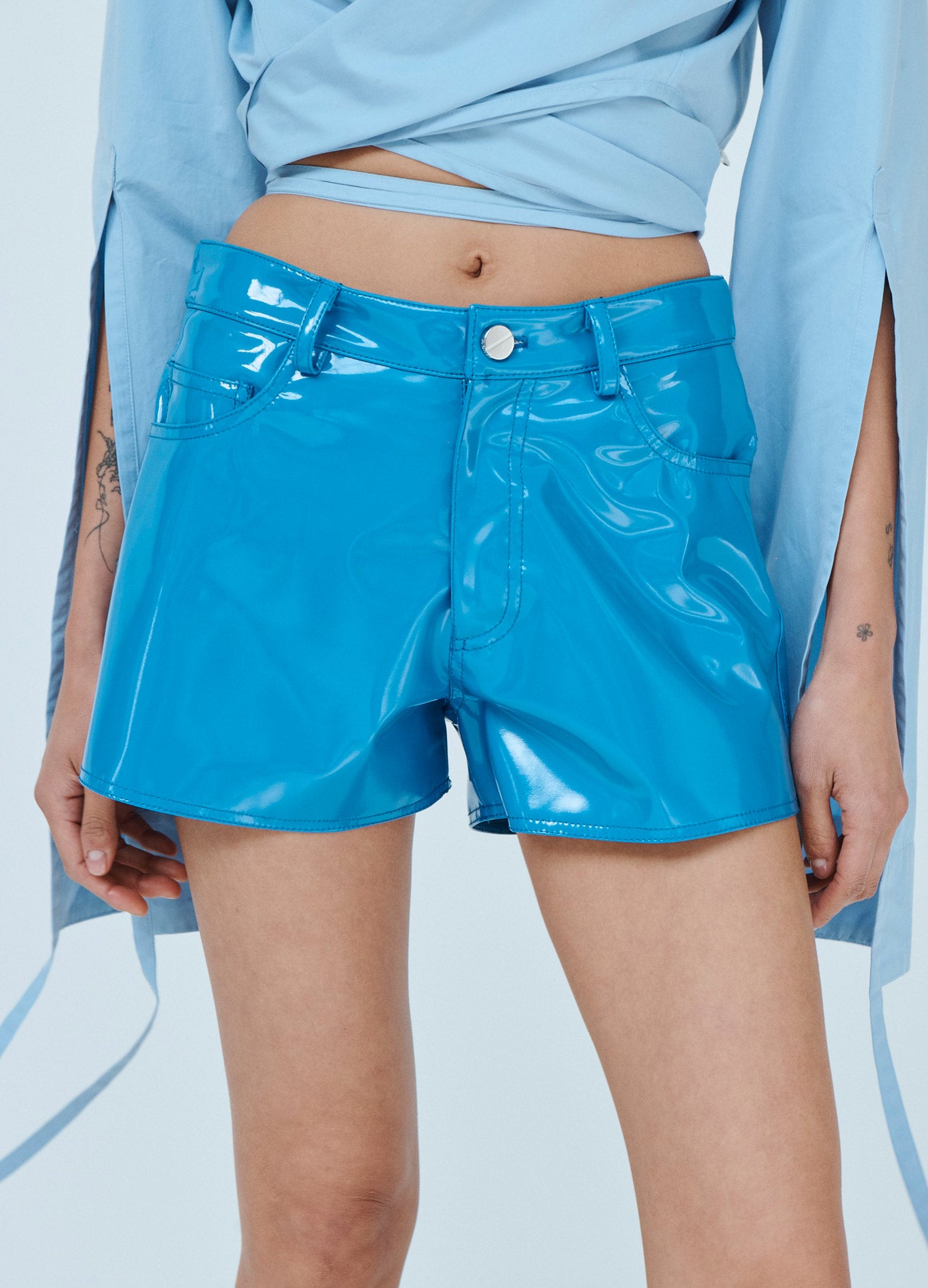 MONSE Vinyl Mini Short in Blue on Model Front Detail View