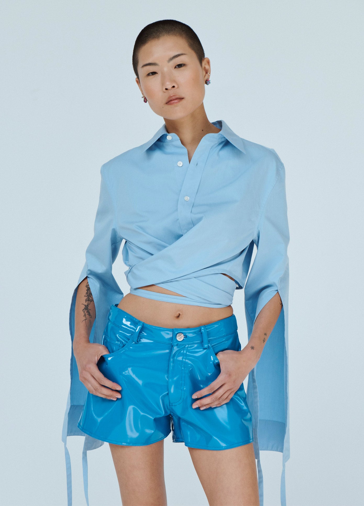 MONSE Vinyl Mini Short in Blue on Model Front View
