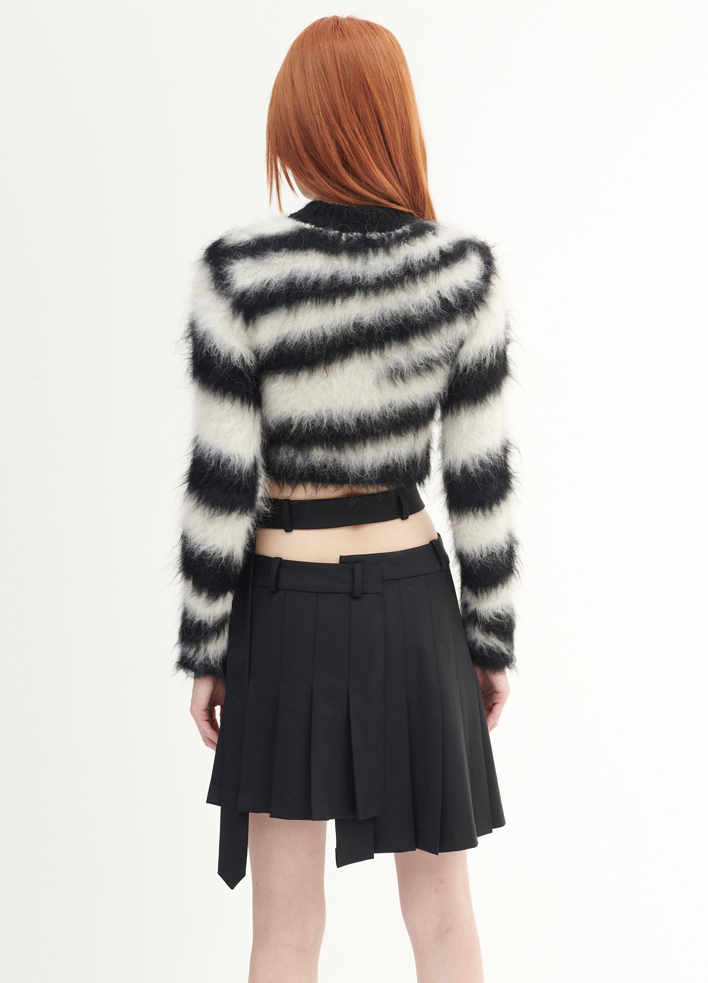 MONSE Zebra Alpaca Cropped Sweater in Black and Ivory on Model Back View