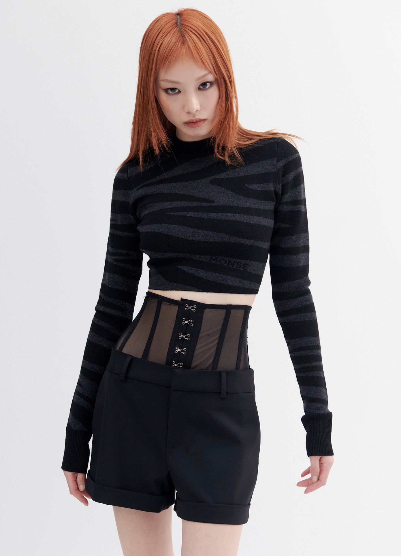 MONSE Zebra Cropped Sweater in Charcoal and Black on Model Front View