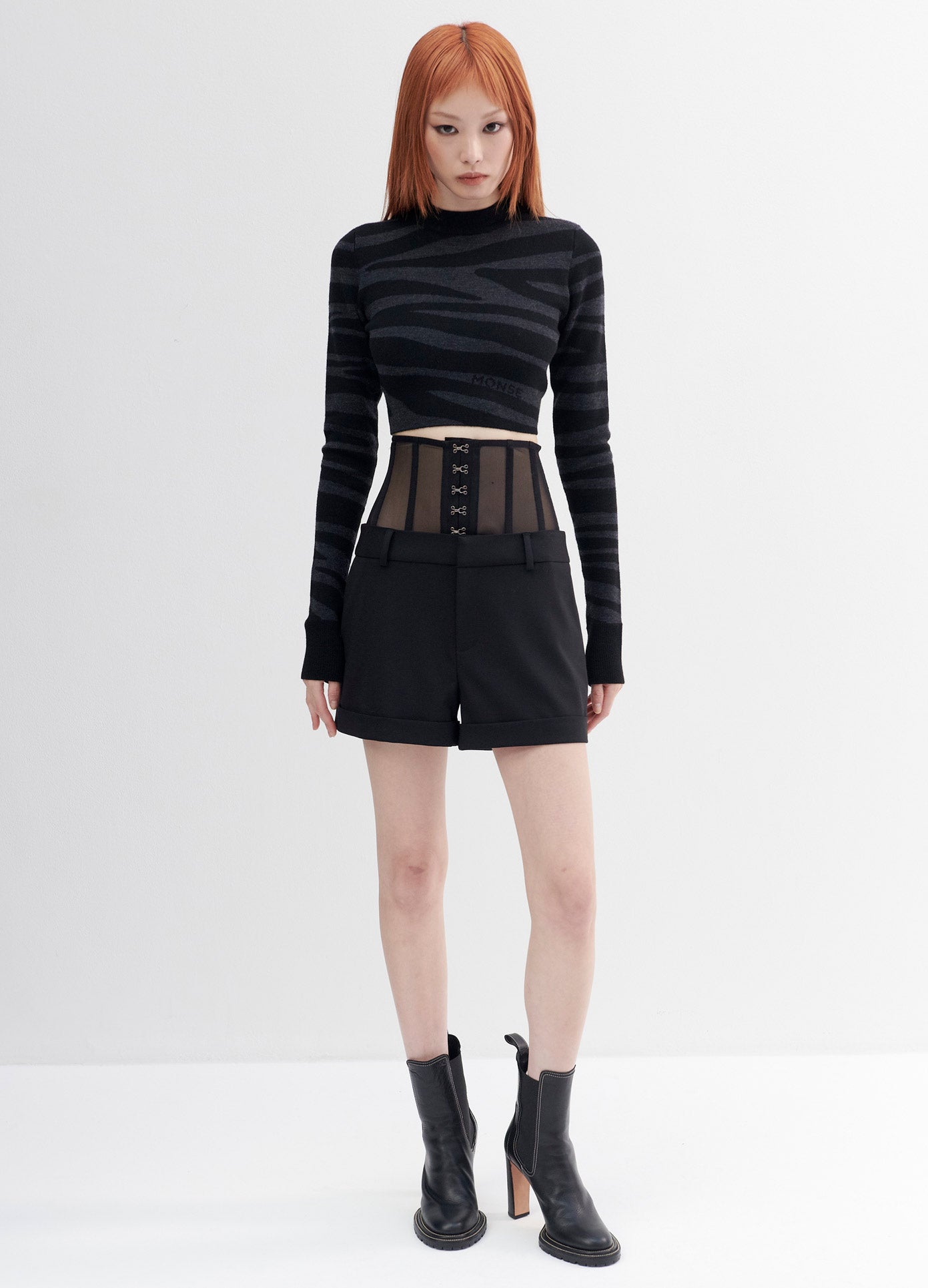 MONSE Zebra Cropped Sweater in Charcoal and Black on Model Full Front View