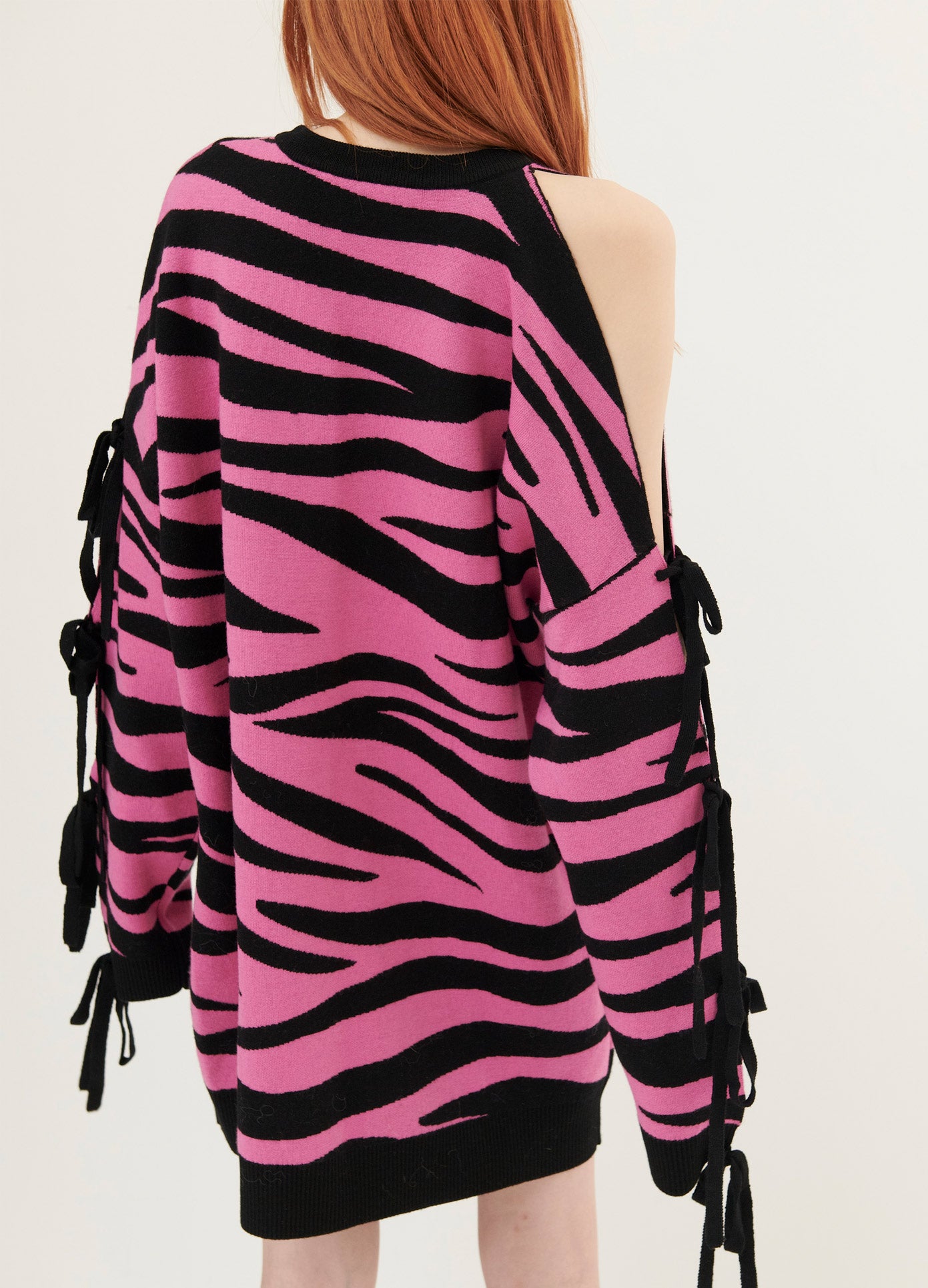 MONSE Zebra Sleeve Detail Sweater in Pink and Black on Model Back View