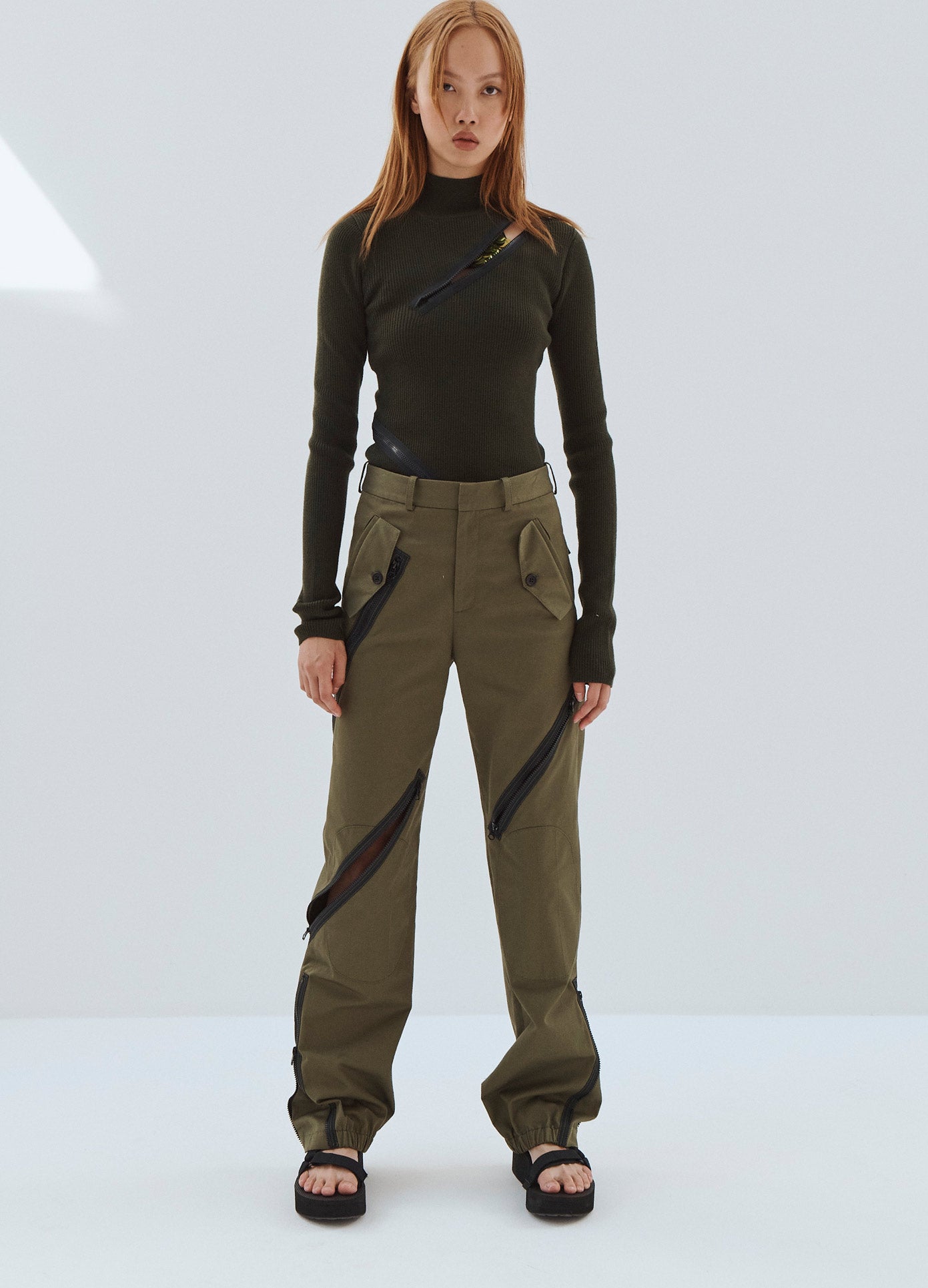 MONSE Zipper Detail Cargo Pants in Olive on Model Full Front Alternate View