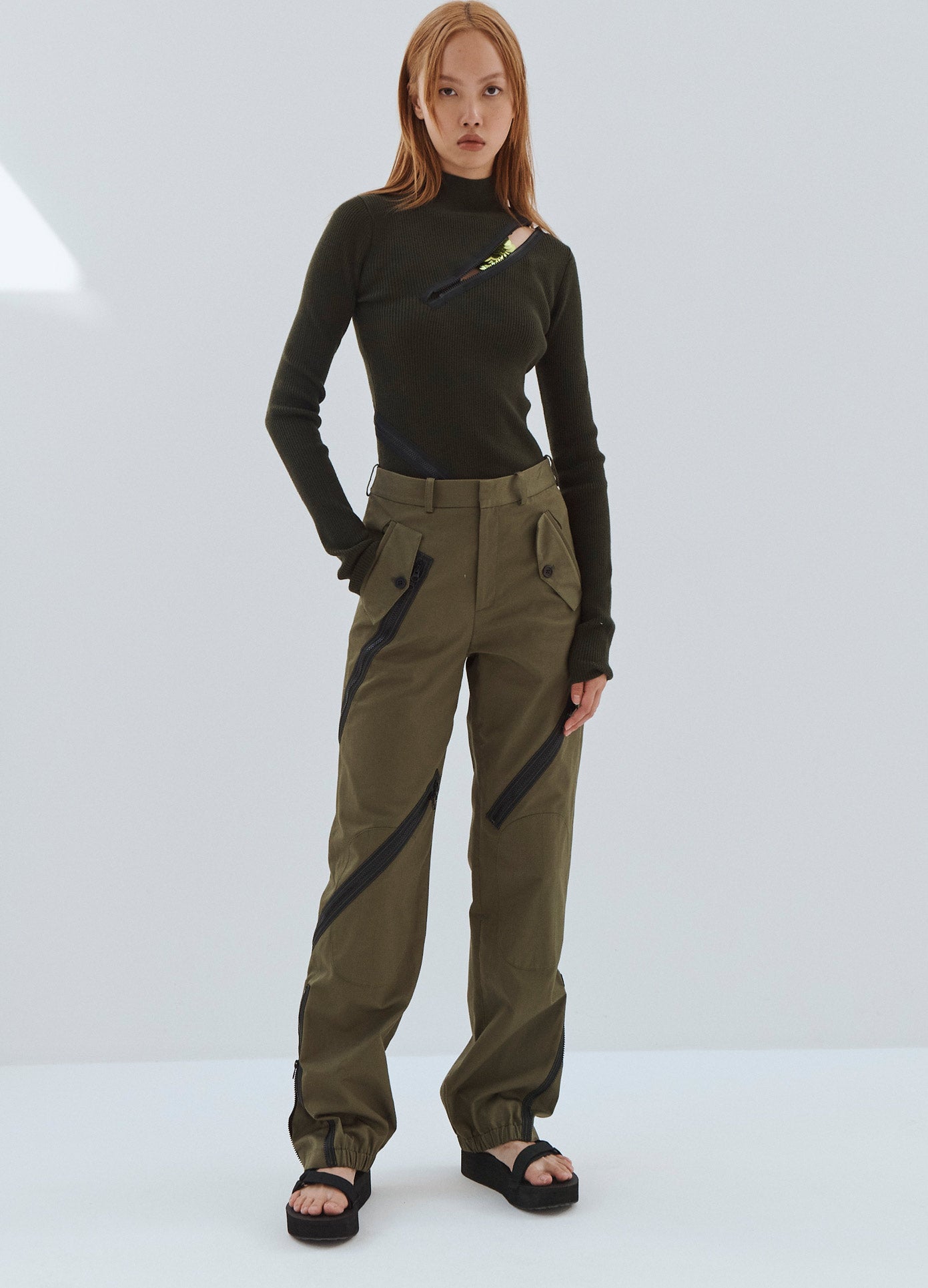 MONSE Zipper Detail Cargo Pants in Olive on Model Full Front View