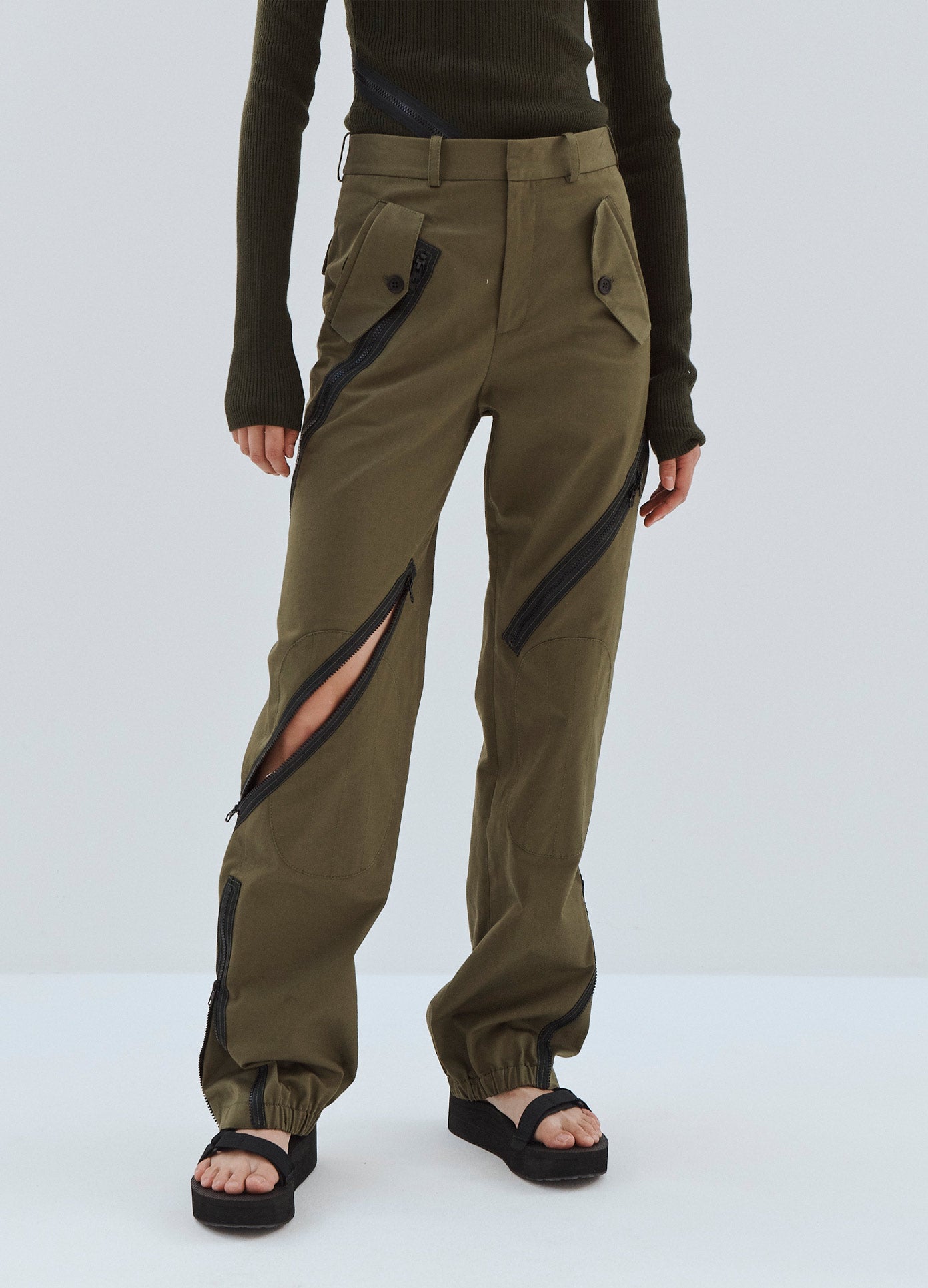 MONSE Zipper Detail Cargo Pants in Olive on Model Pants Detail View