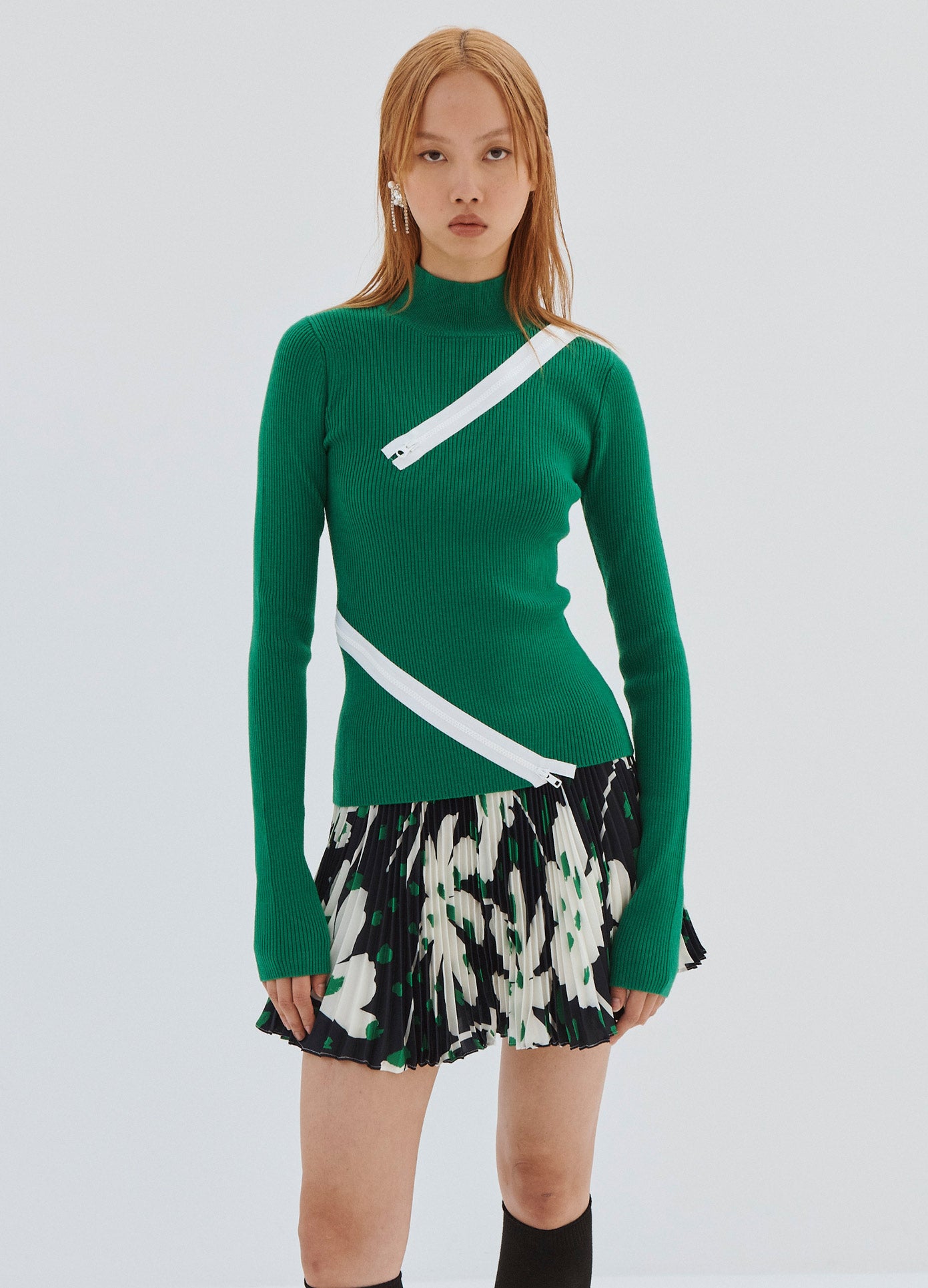 MONSE Zipper Detail Sweater in Green on Model Front View