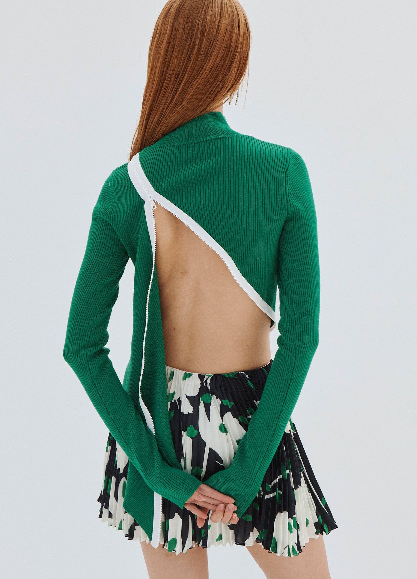 MONSE Zipper Detail Sweater in Green on Model Open Back View