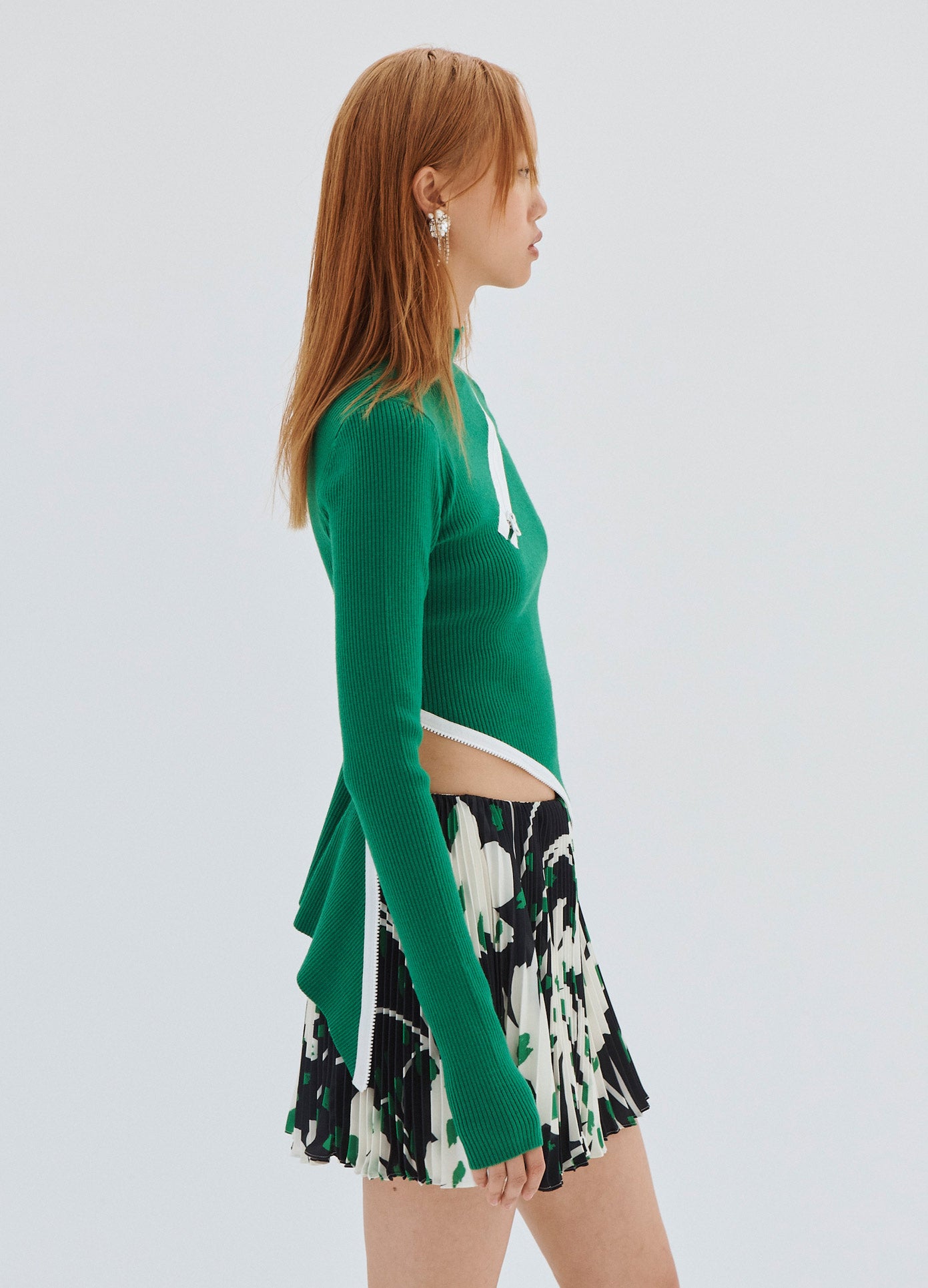 MONSE Zipper Detail Sweater in Green on Model Side View