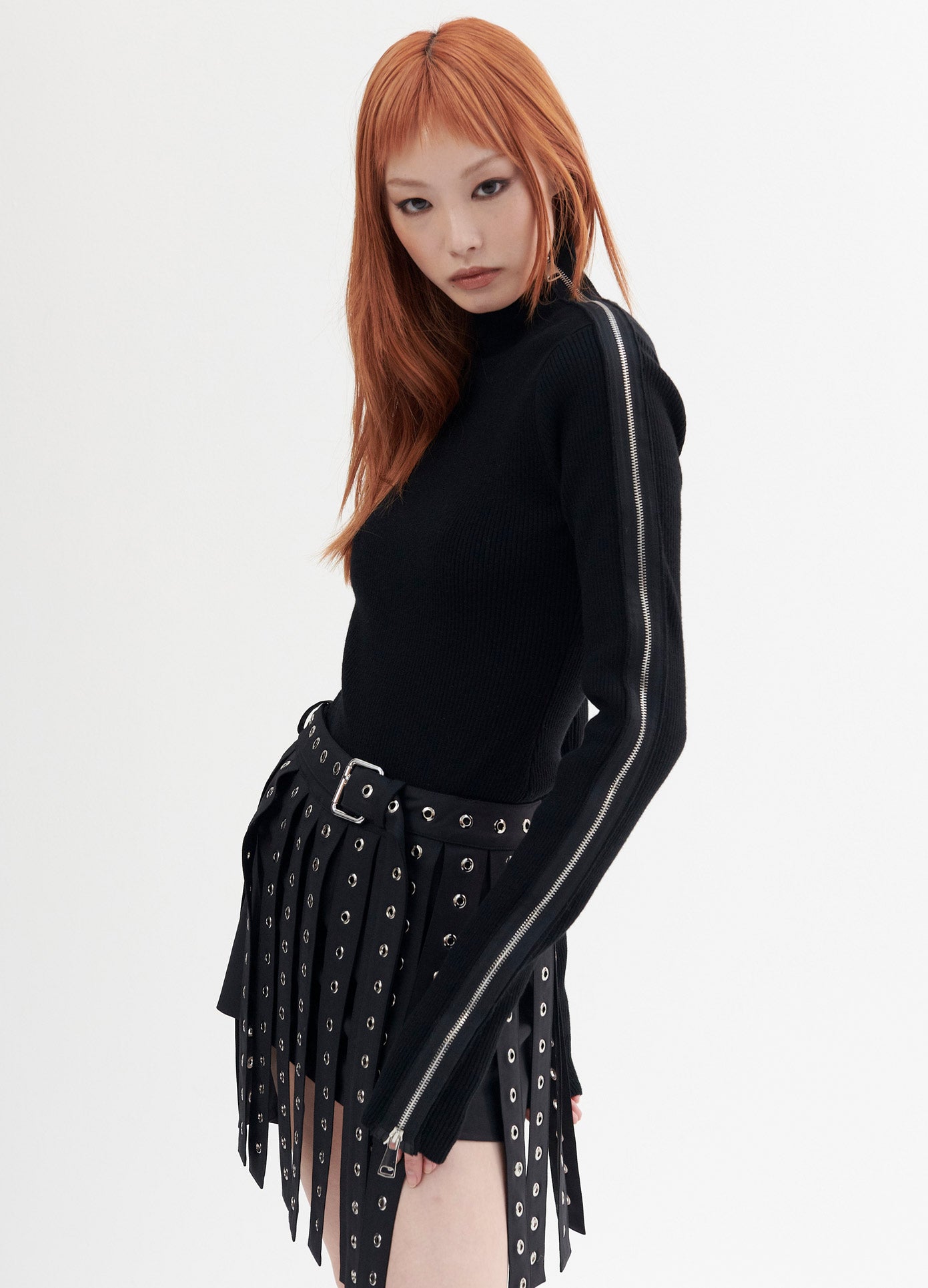 MONSE Zipper Detail Turtleneck Sweater in Black on Model Side View